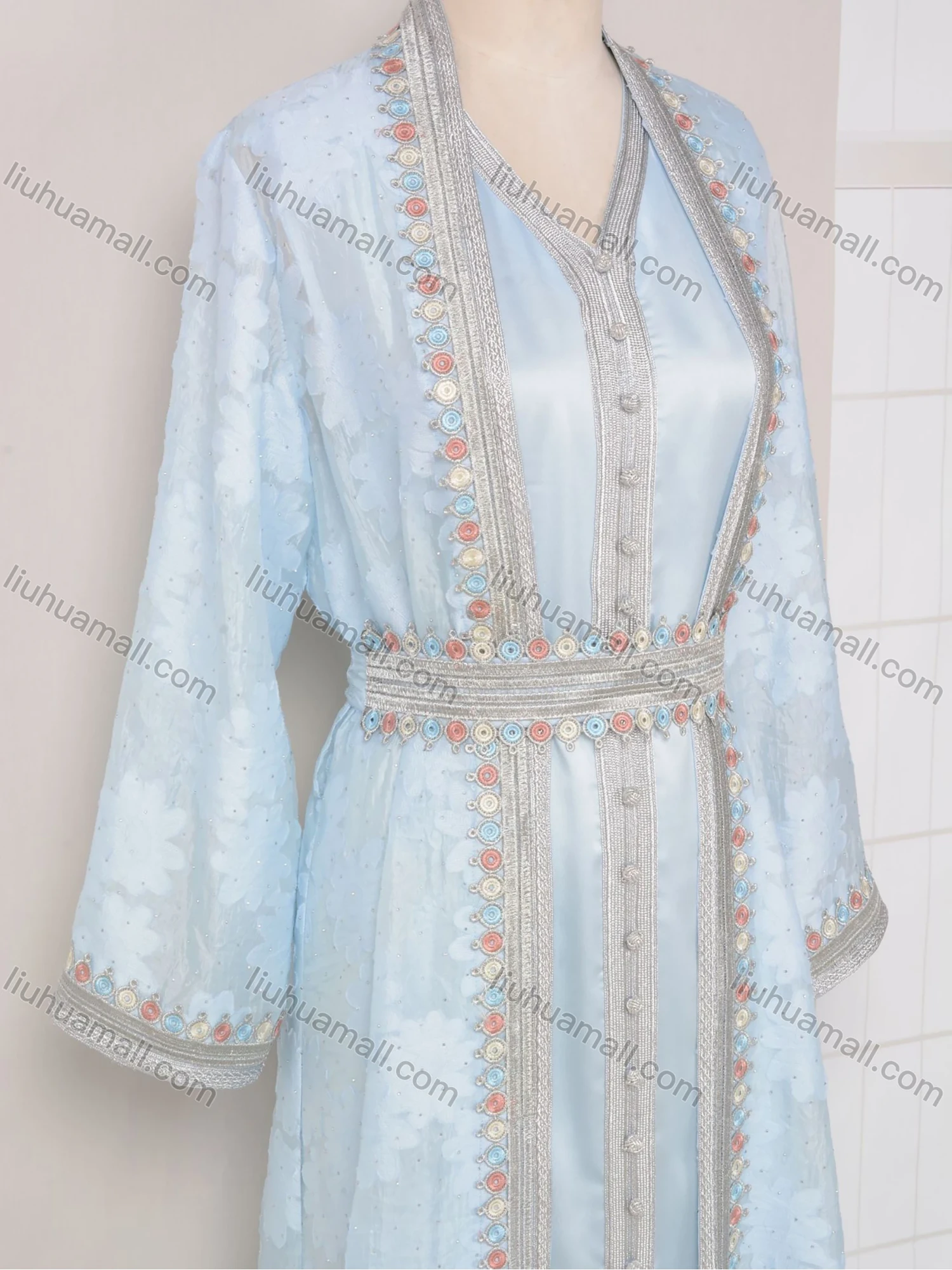 Wholesale Women's Elegant V Neck Plain Floral Rhinestone Button Decor Long Sleeve Abaya Dress With Belt 2 Piece Set - Liuhuamall