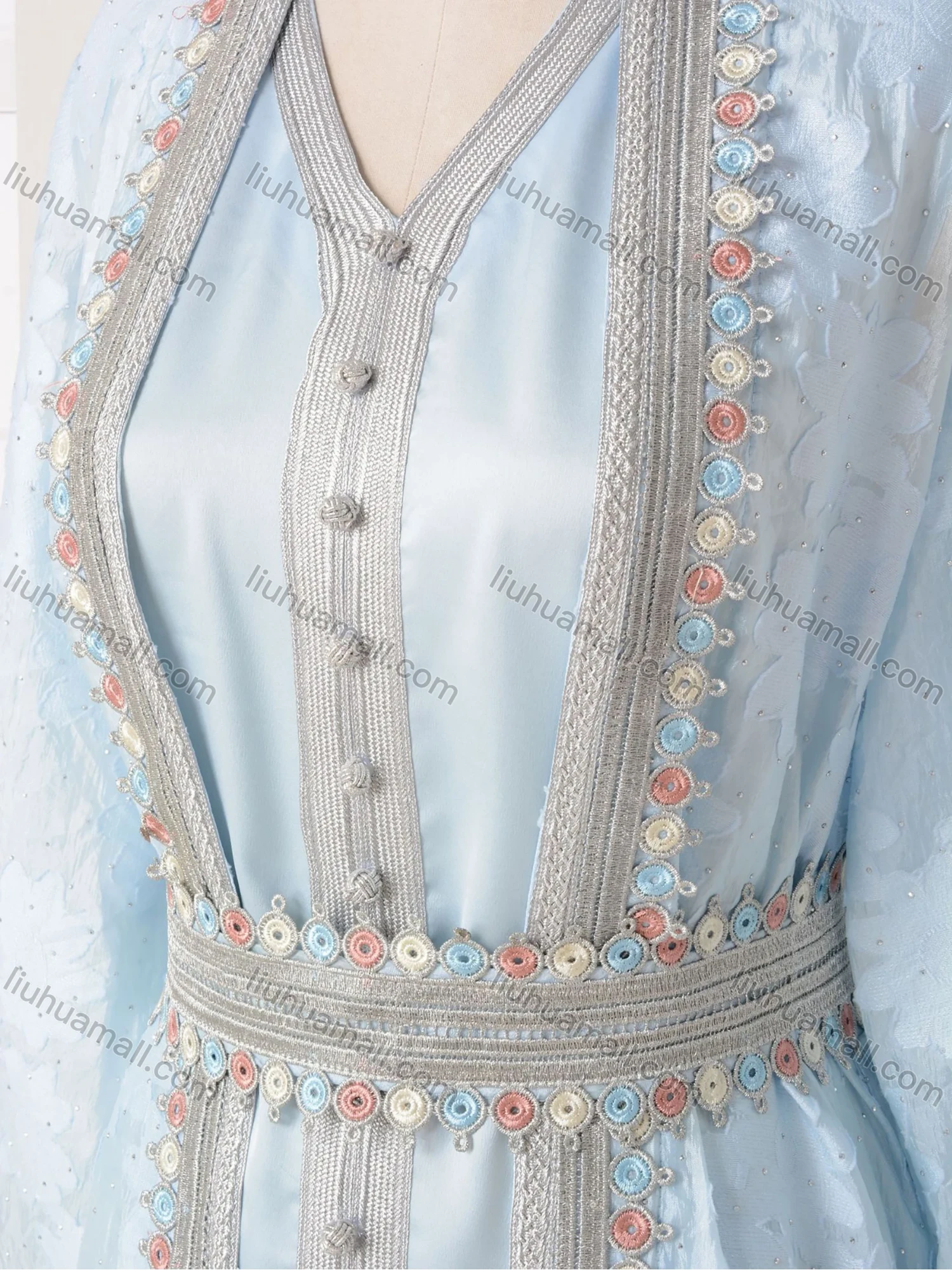 Wholesale Women's Elegant V Neck Plain Floral Rhinestone Button Decor Long Sleeve Abaya Dress With Belt 2 Piece Set - Liuhuamall