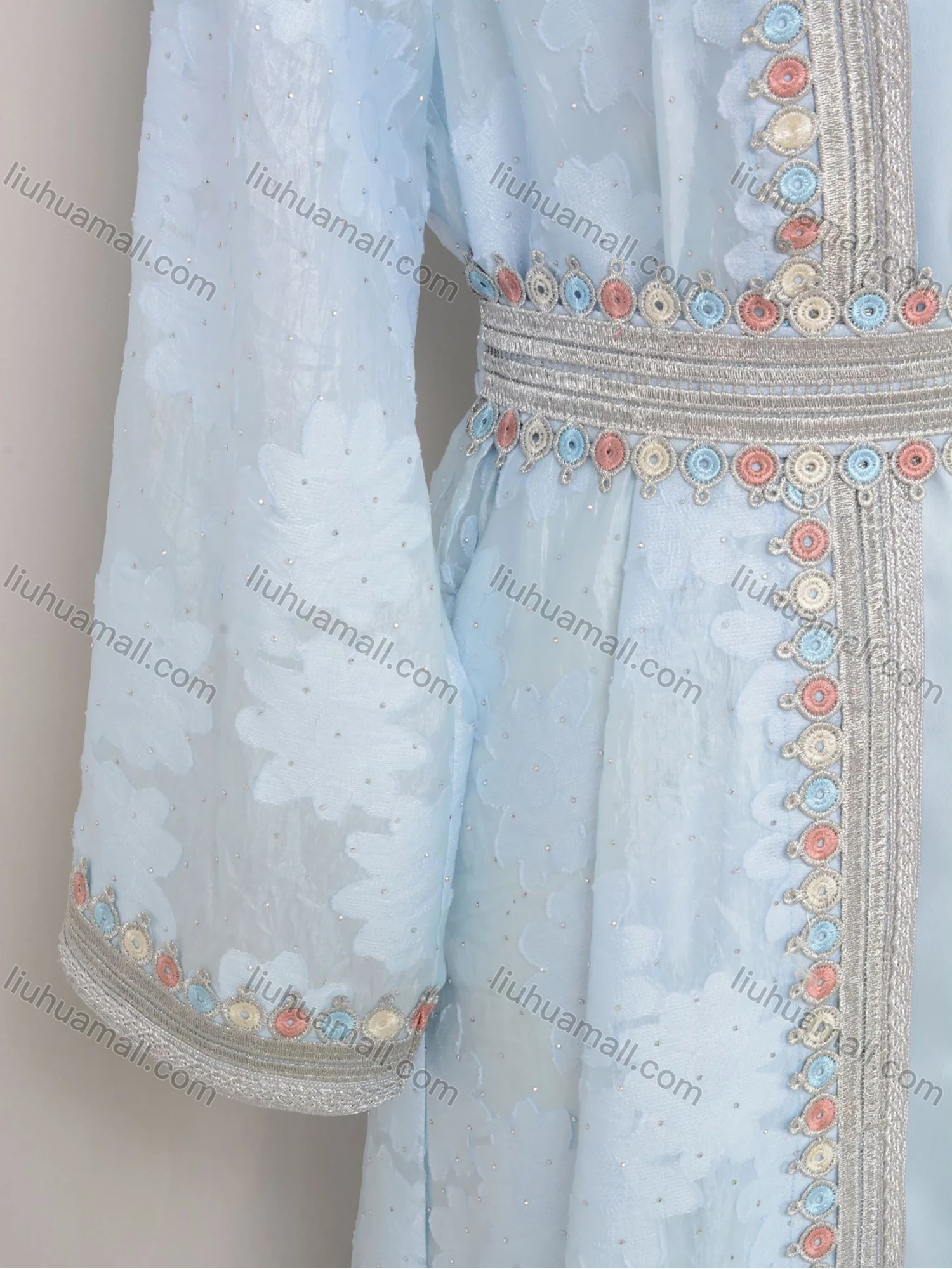 Wholesale Women's Elegant V Neck Plain Floral Rhinestone Button Decor Long Sleeve Abaya Dress With Belt 2 Piece Set - Liuhuamall