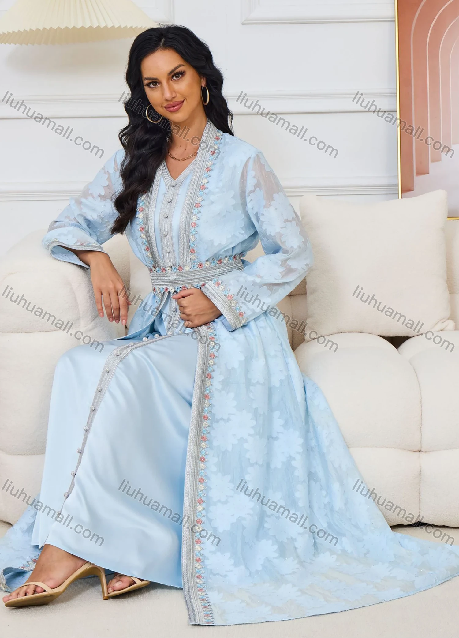 Wholesale Women's Elegant V Neck Plain Floral Rhinestone Button Decor Long Sleeve Abaya Dress With Belt 2 Piece Set - Liuhuamall