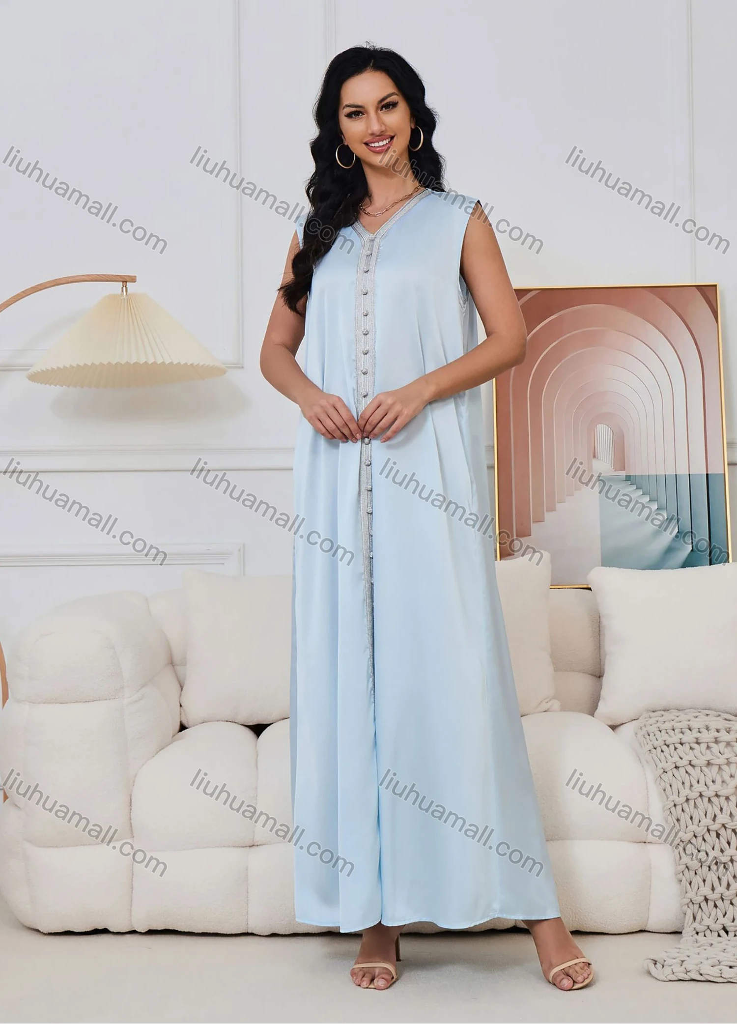 Wholesale Women's Elegant V Neck Plain Floral Rhinestone Button Decor Long Sleeve Abaya Dress With Belt 2 Piece Set - Liuhuamall