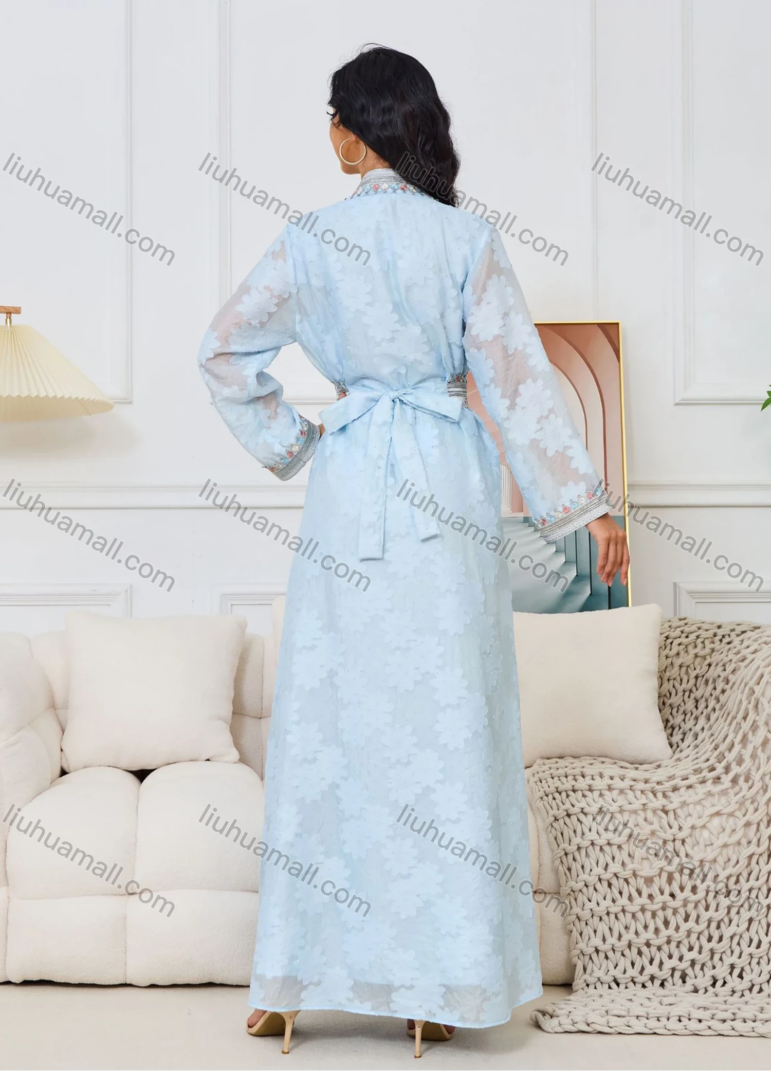 Wholesale Women's Elegant V Neck Plain Floral Rhinestone Button Decor Long Sleeve Abaya Dress With Belt 2 Piece Set - Liuhuamall