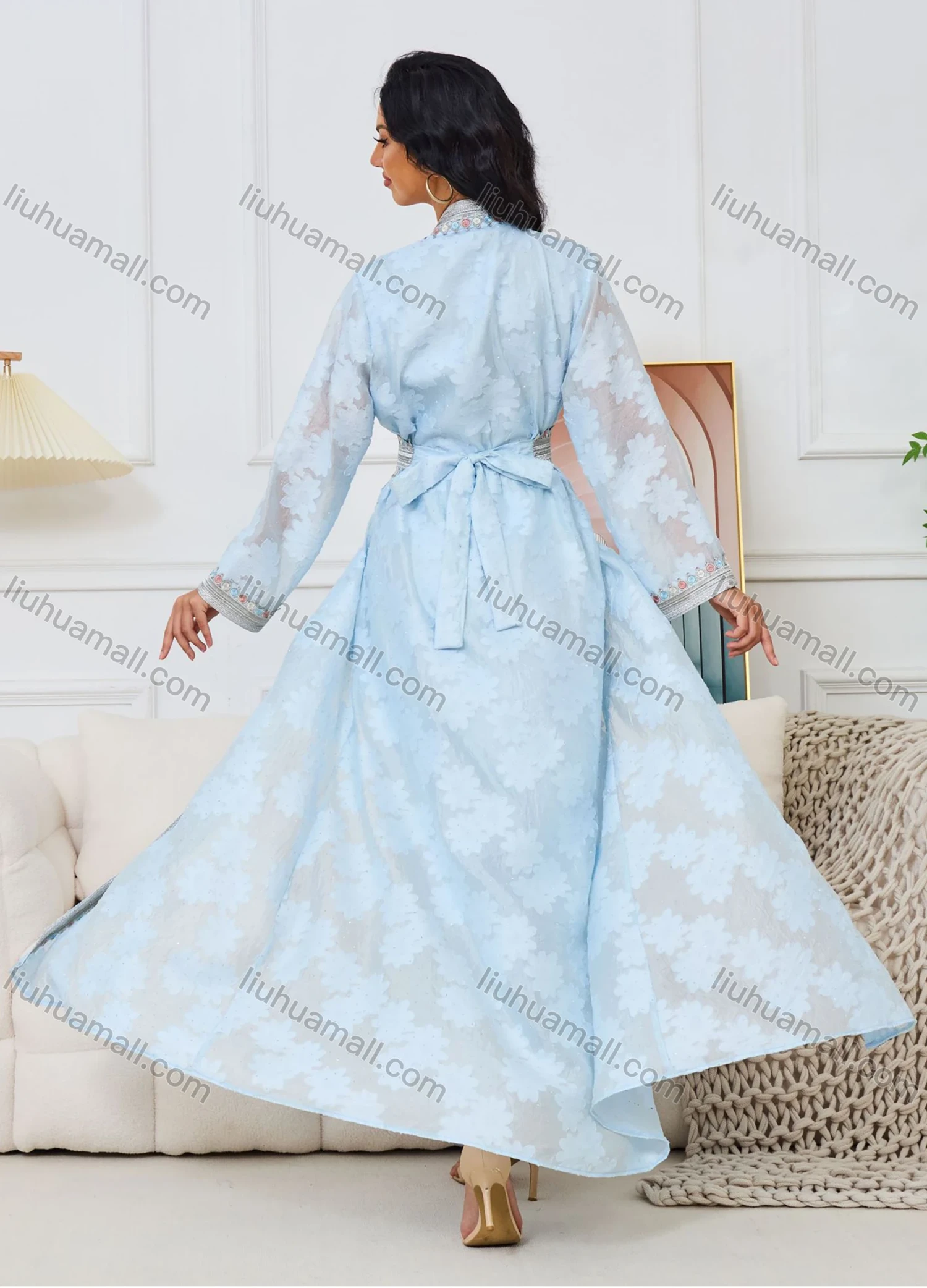 Wholesale Women's Elegant V Neck Plain Floral Rhinestone Button Decor Long Sleeve Abaya Dress With Belt 2 Piece Set - Liuhuamall