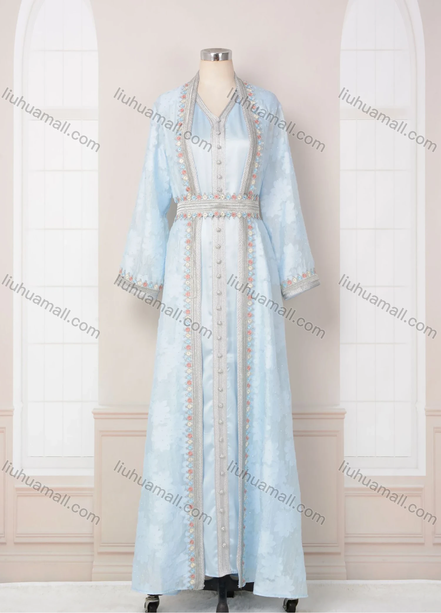 Wholesale Women's Elegant V Neck Plain Floral Rhinestone Button Decor Long Sleeve Abaya Dress With Belt 2 Piece Set - Liuhuamall