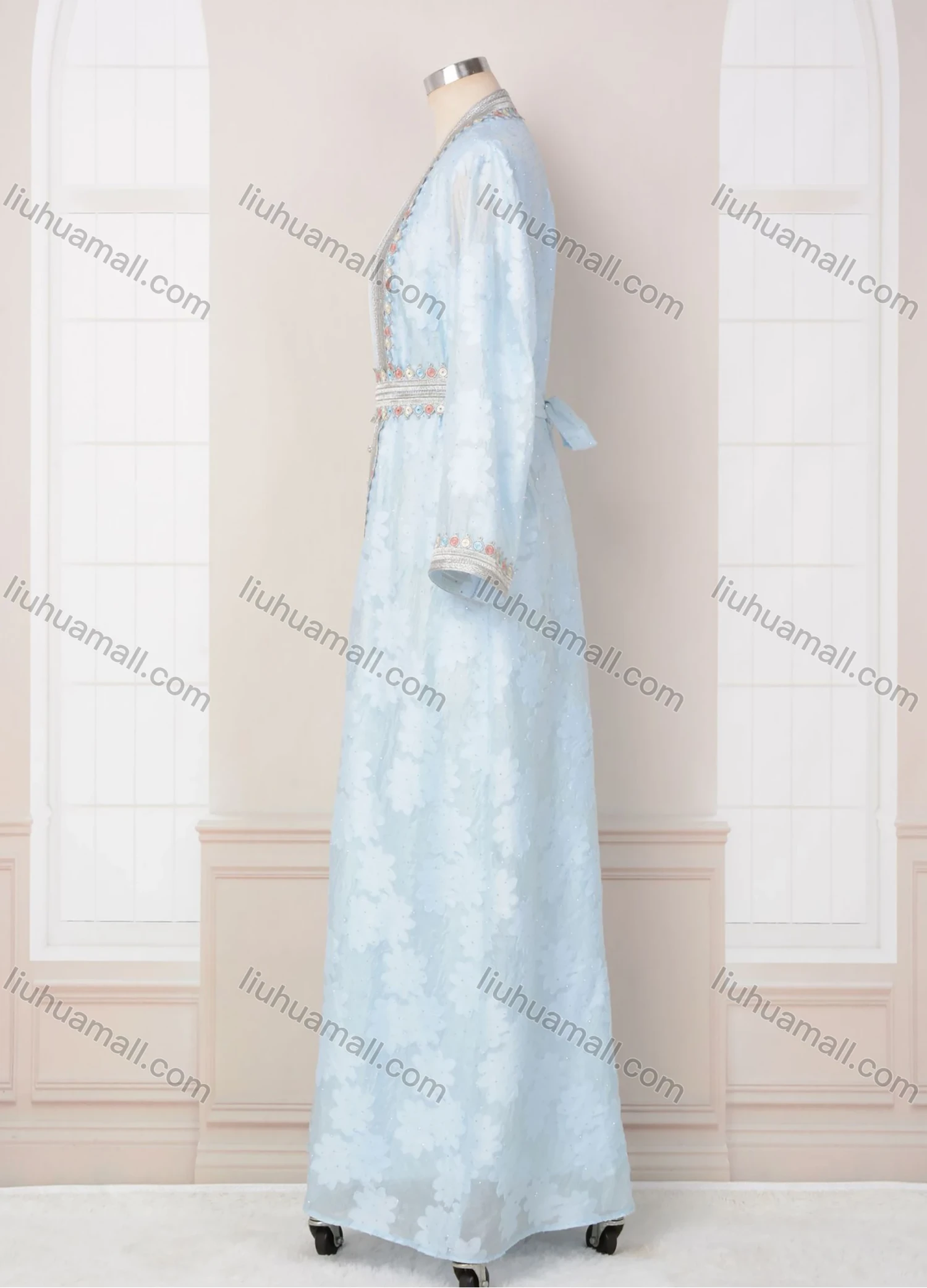 Wholesale Women's Elegant V Neck Plain Floral Rhinestone Button Decor Long Sleeve Abaya Dress With Belt 2 Piece Set - Liuhuamall