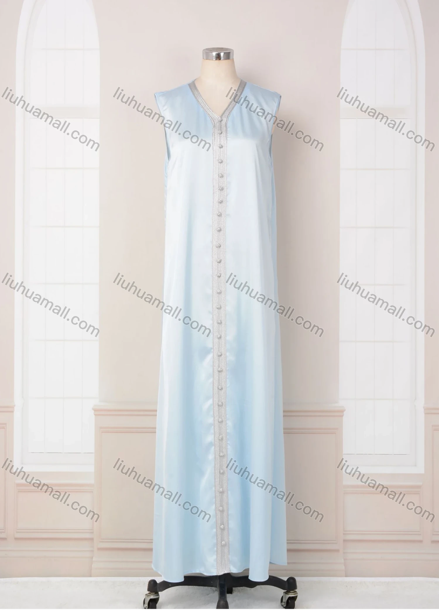 Wholesale Women's Elegant V Neck Plain Floral Rhinestone Button Decor Long Sleeve Abaya Dress With Belt 2 Piece Set - Liuhuamall