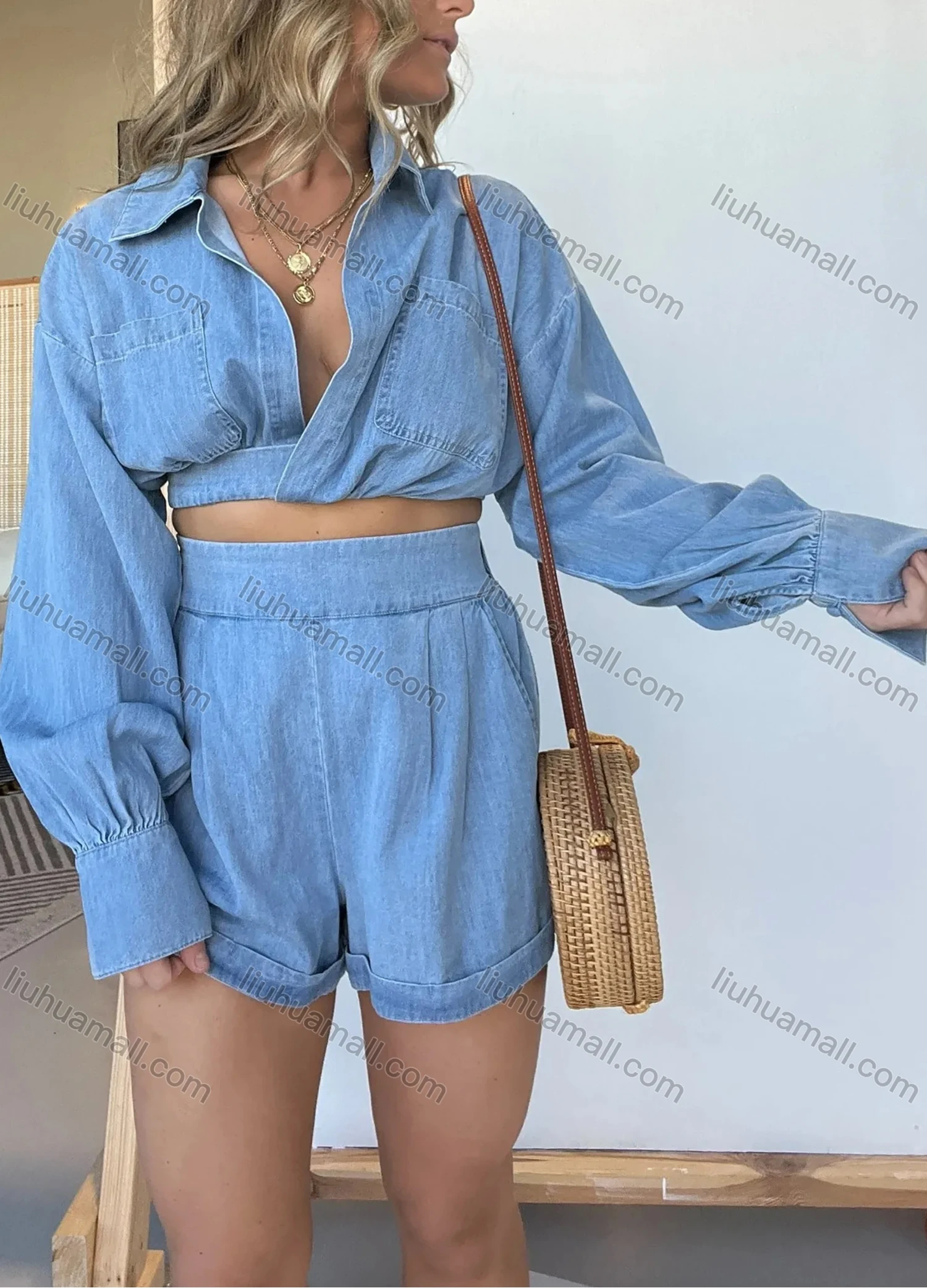 Wholesale Women's Fashion Plain Deep V Neck Pocket Long Sleeve Drop Shoulder Crop Top & Denim Rolled Hem Short 2 Piece Set - Liuhuamall