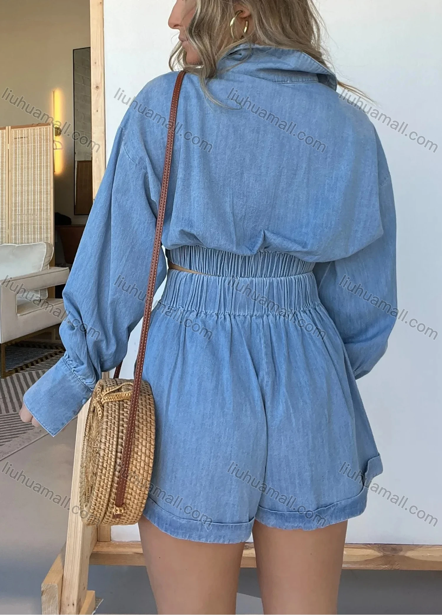 Wholesale Women's Fashion Plain Deep V Neck Pocket Long Sleeve Drop Shoulder Crop Top & Denim Rolled Hem Short 2 Piece Set - Liuhuamall