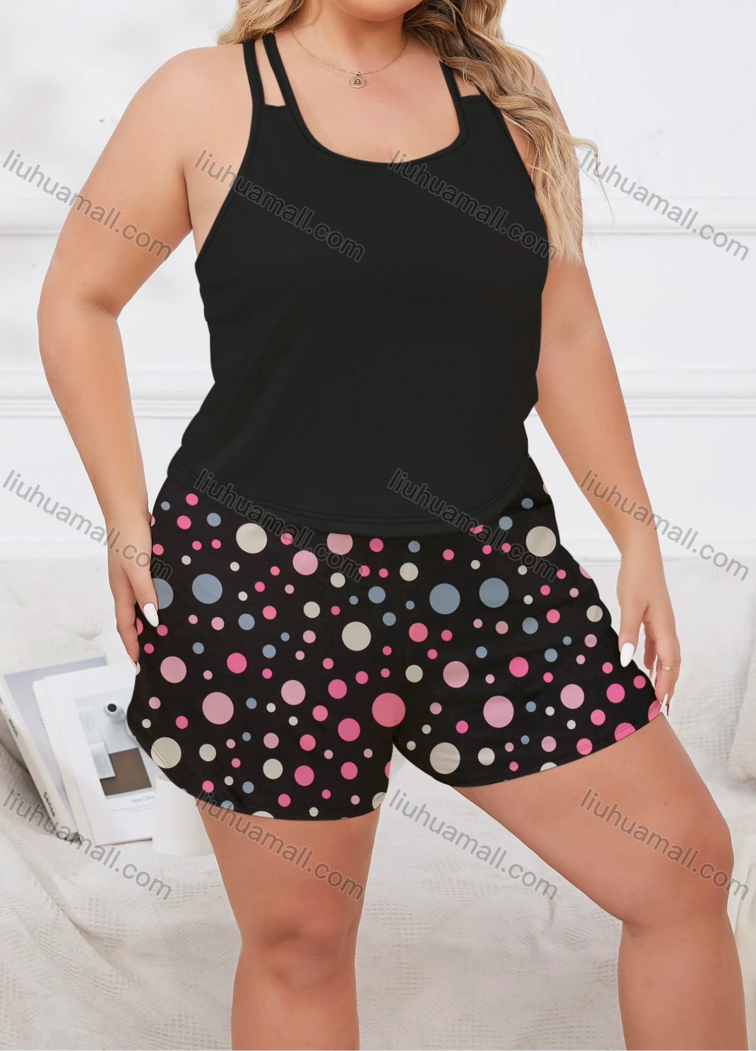 Wholesale Women's Lounge Milk Silk Plain Double Spaghetti Straps Cami Tops & Polka Dot Print Shorts Pajamas Sets DM2207# - Liuhuamall