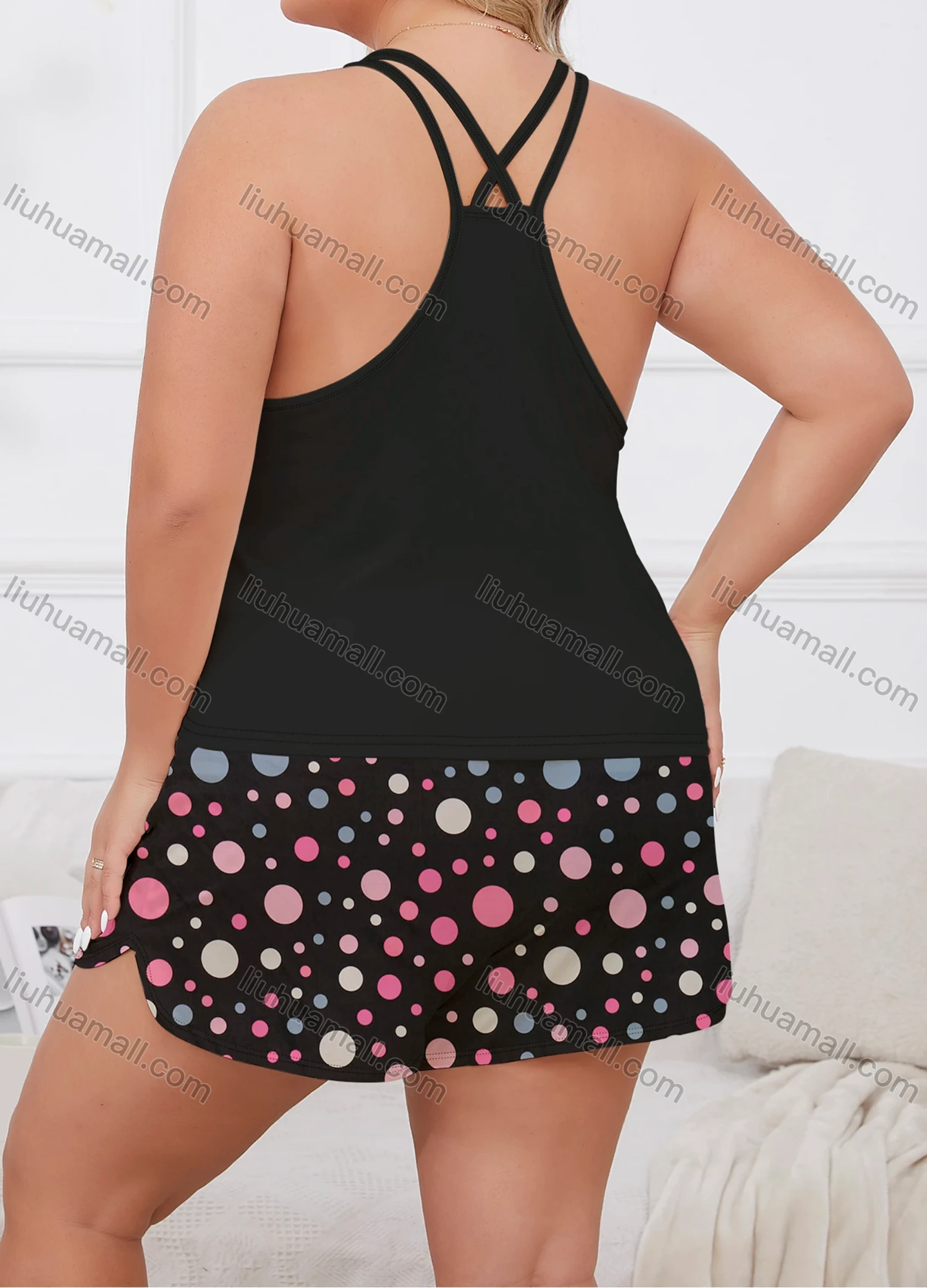 Wholesale Women's Lounge Milk Silk Plain Double Spaghetti Straps Cami Tops & Polka Dot Print Shorts Pajamas Sets DM2207# - Liuhuamall