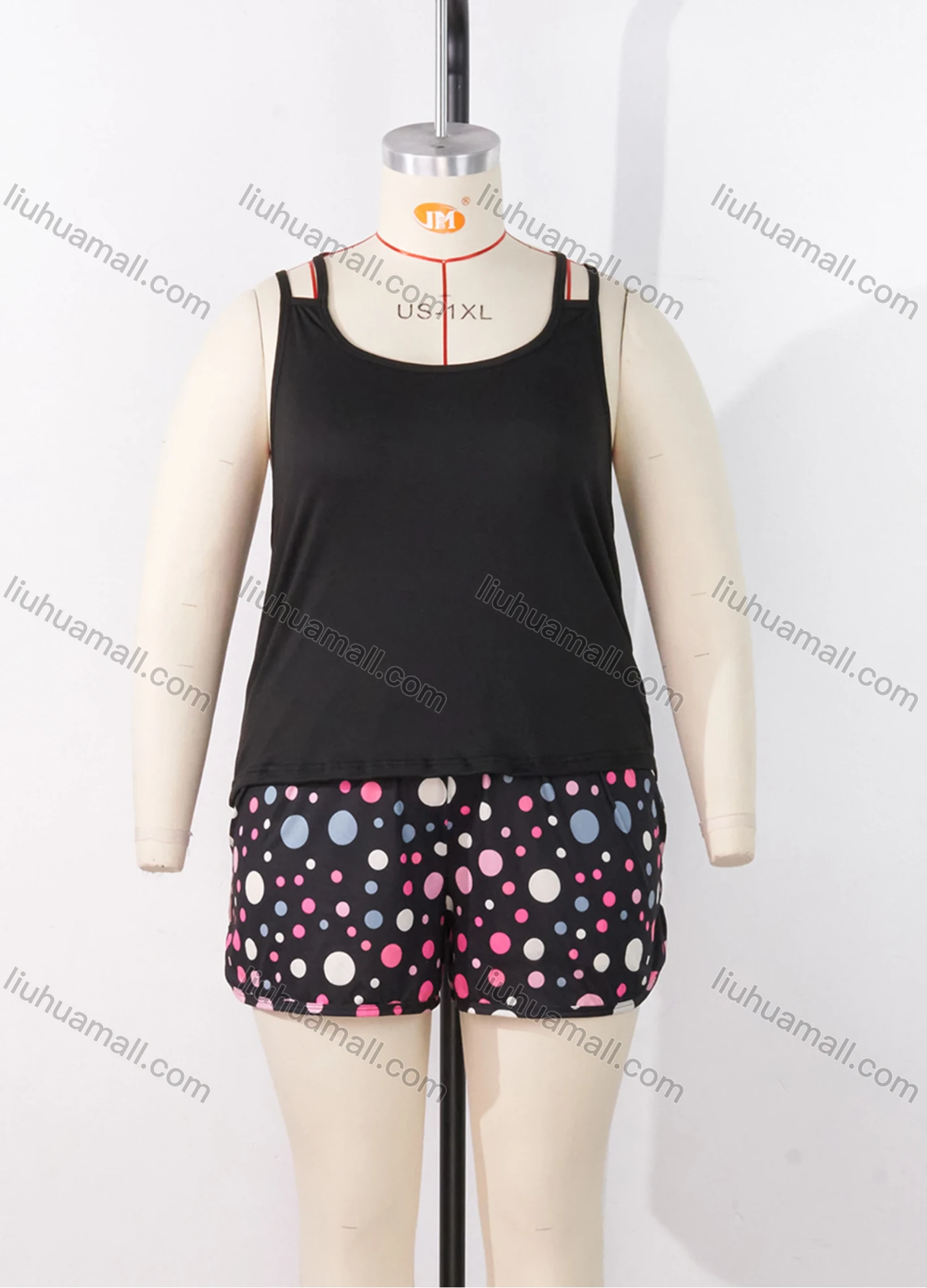 Wholesale Women's Lounge Milk Silk Plain Double Spaghetti Straps Cami Tops & Polka Dot Print Shorts Pajamas Sets DM2207# - Liuhuamall