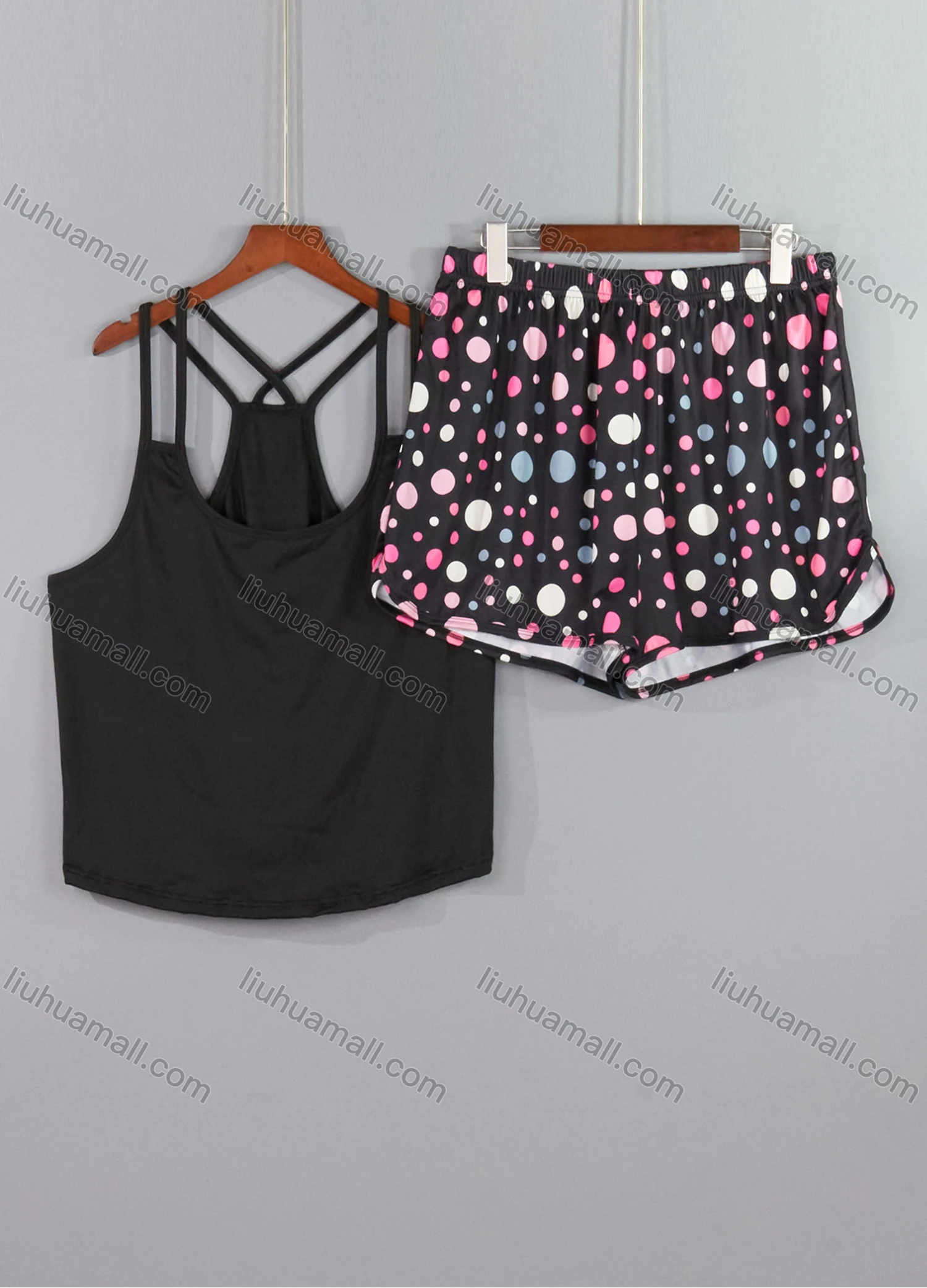 Wholesale Women's Lounge Milk Silk Plain Double Spaghetti Straps Cami Tops & Polka Dot Print Shorts Pajamas Sets DM2207# - Liuhuamall