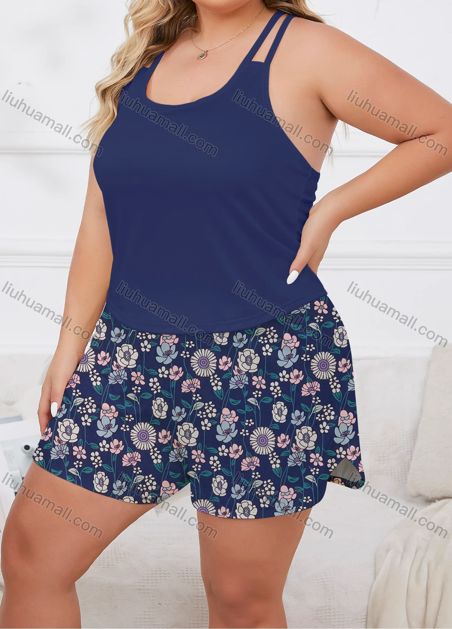 Wholesale Women's Milk Silk Plain Double Spaghetti Straps Cami Tops & Floral Print Shorts Pajamas Sets DM2207-01# - Liuhuamall