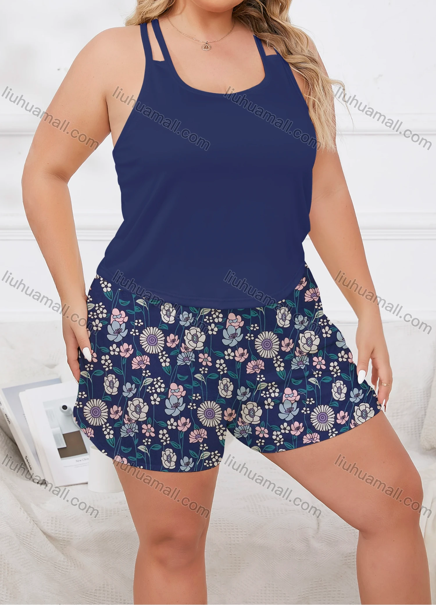 Wholesale Women's Milk Silk Plain Double Spaghetti Straps Cami Tops & Floral Print Shorts Pajamas Sets DM2207-01# - Liuhuamall