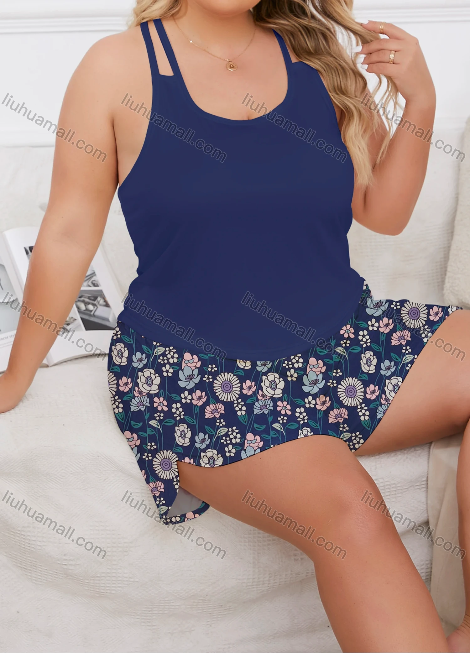 Wholesale Women's Milk Silk Plain Double Spaghetti Straps Cami Tops & Floral Print Shorts Pajamas Sets DM2207-01# - Liuhuamall