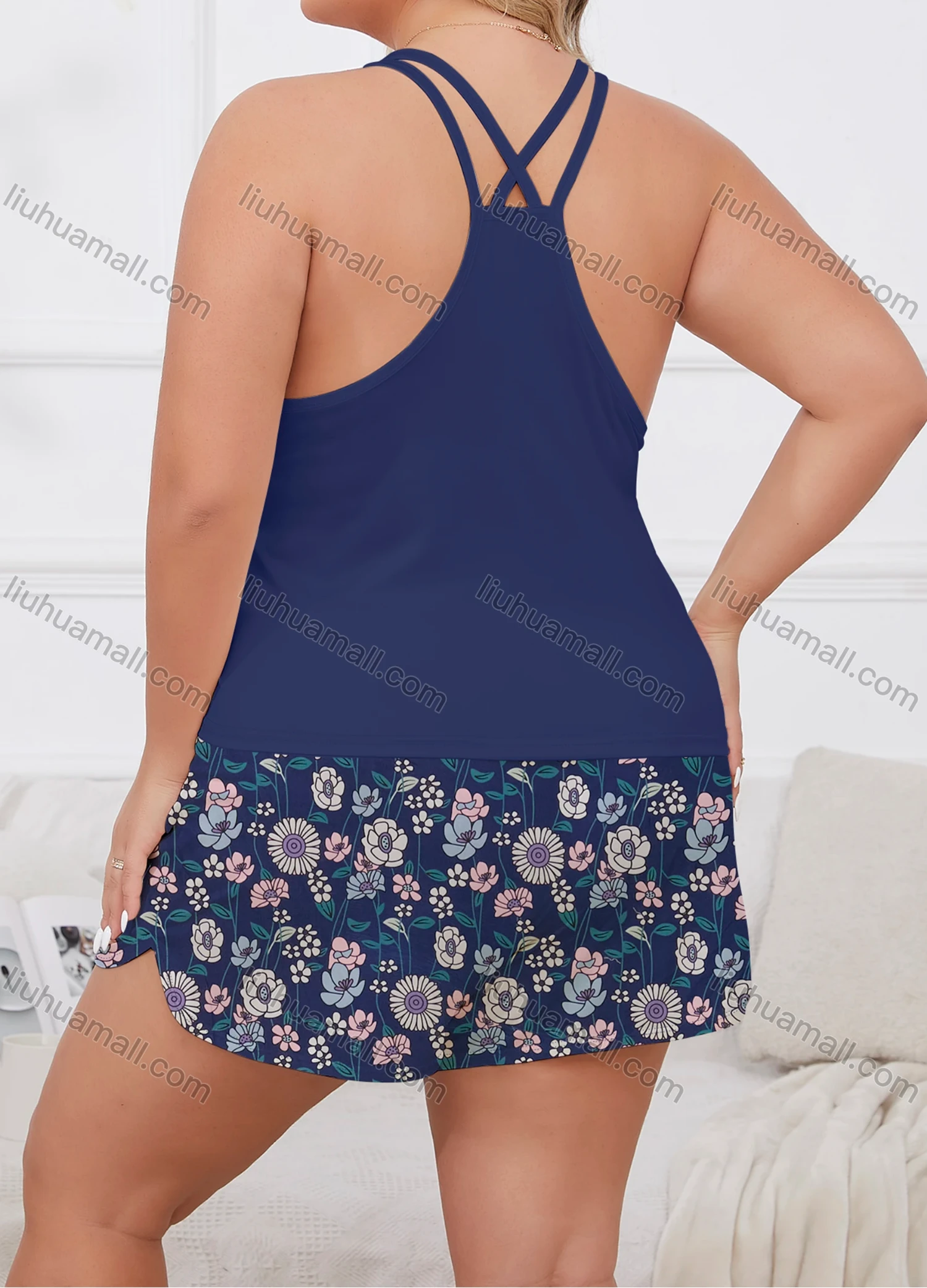 Wholesale Women's Milk Silk Plain Double Spaghetti Straps Cami Tops & Floral Print Shorts Pajamas Sets DM2207-01# - Liuhuamall