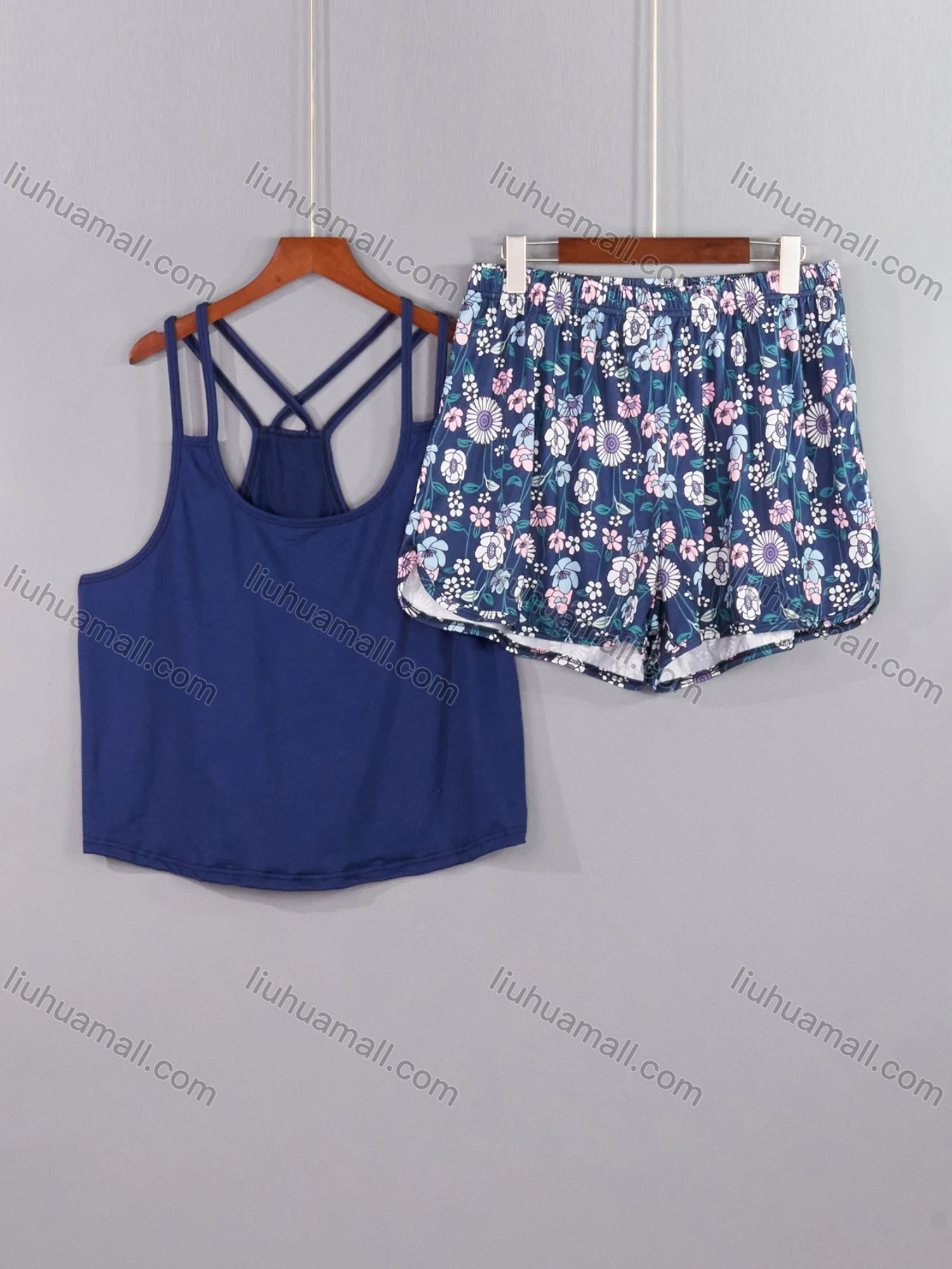 Wholesale Women's Milk Silk Plain Double Spaghetti Straps Cami Tops & Floral Print Shorts Pajamas Sets DM2207-01# - Liuhuamall