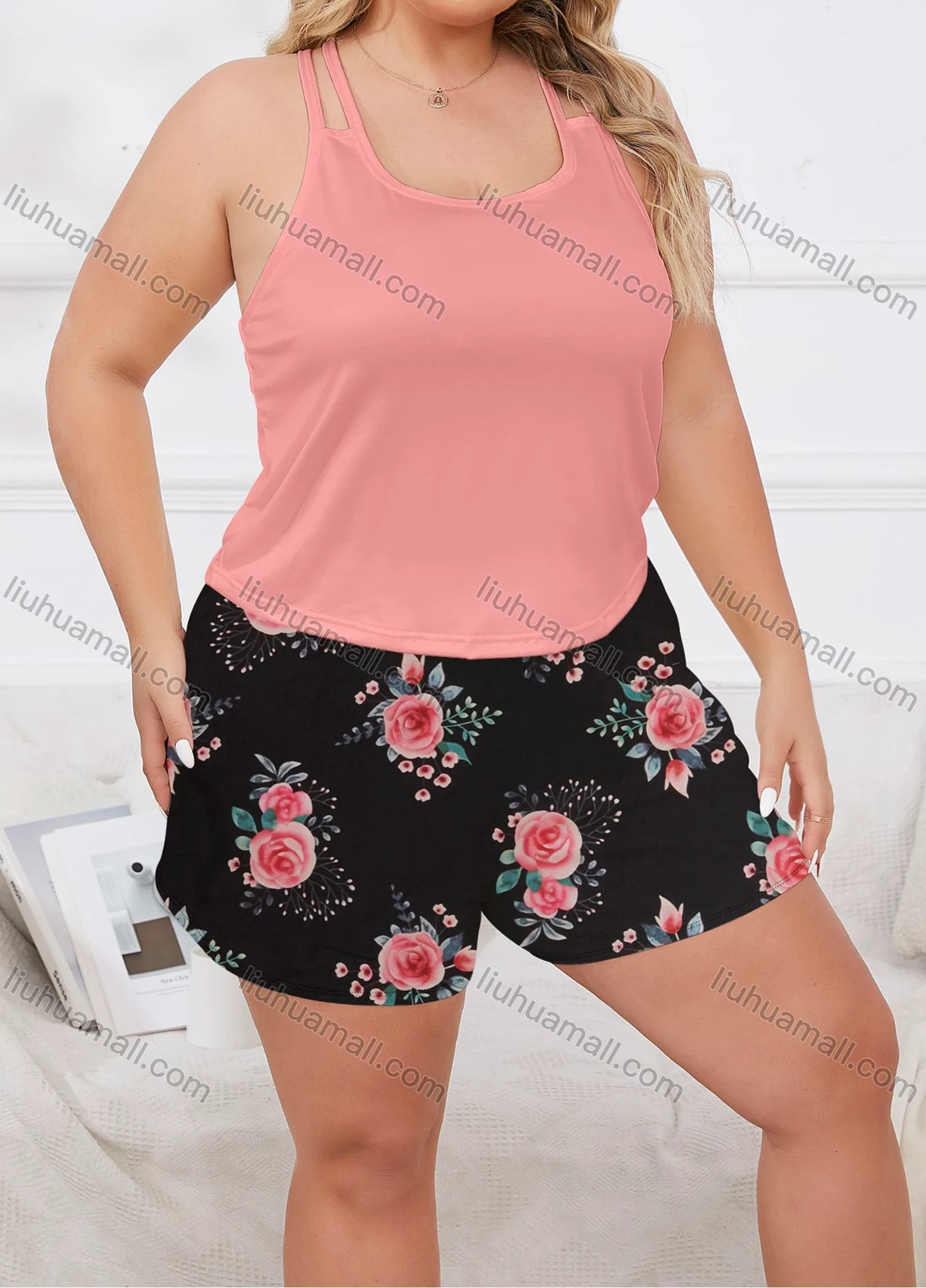 Wholesale Women's Lounge Milk Silk Plain Double Spaghetti Straps Tops & Floral Print Shorts Pajamas Sets DM2207-02# - Liuhuamall