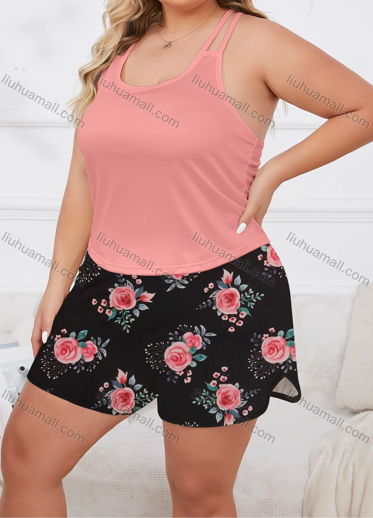 Wholesale Women's Lounge Milk Silk Plain Double Spaghetti Straps Tops & Floral Print Shorts Pajamas Sets DM2207-02# - Liuhuamall