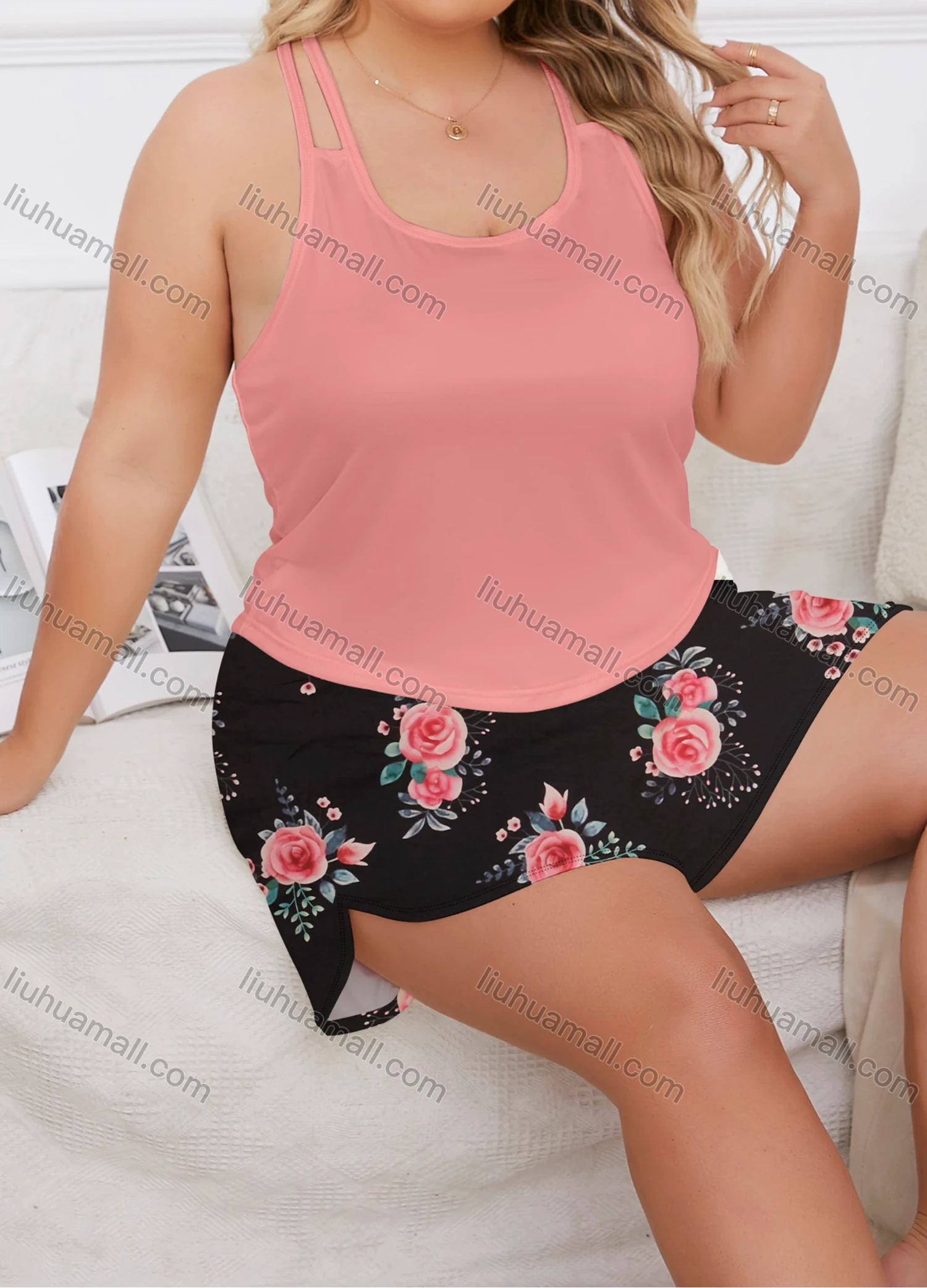 Wholesale Women's Lounge Milk Silk Plain Double Spaghetti Straps Tops & Floral Print Shorts Pajamas Sets DM2207-02# - Liuhuamall