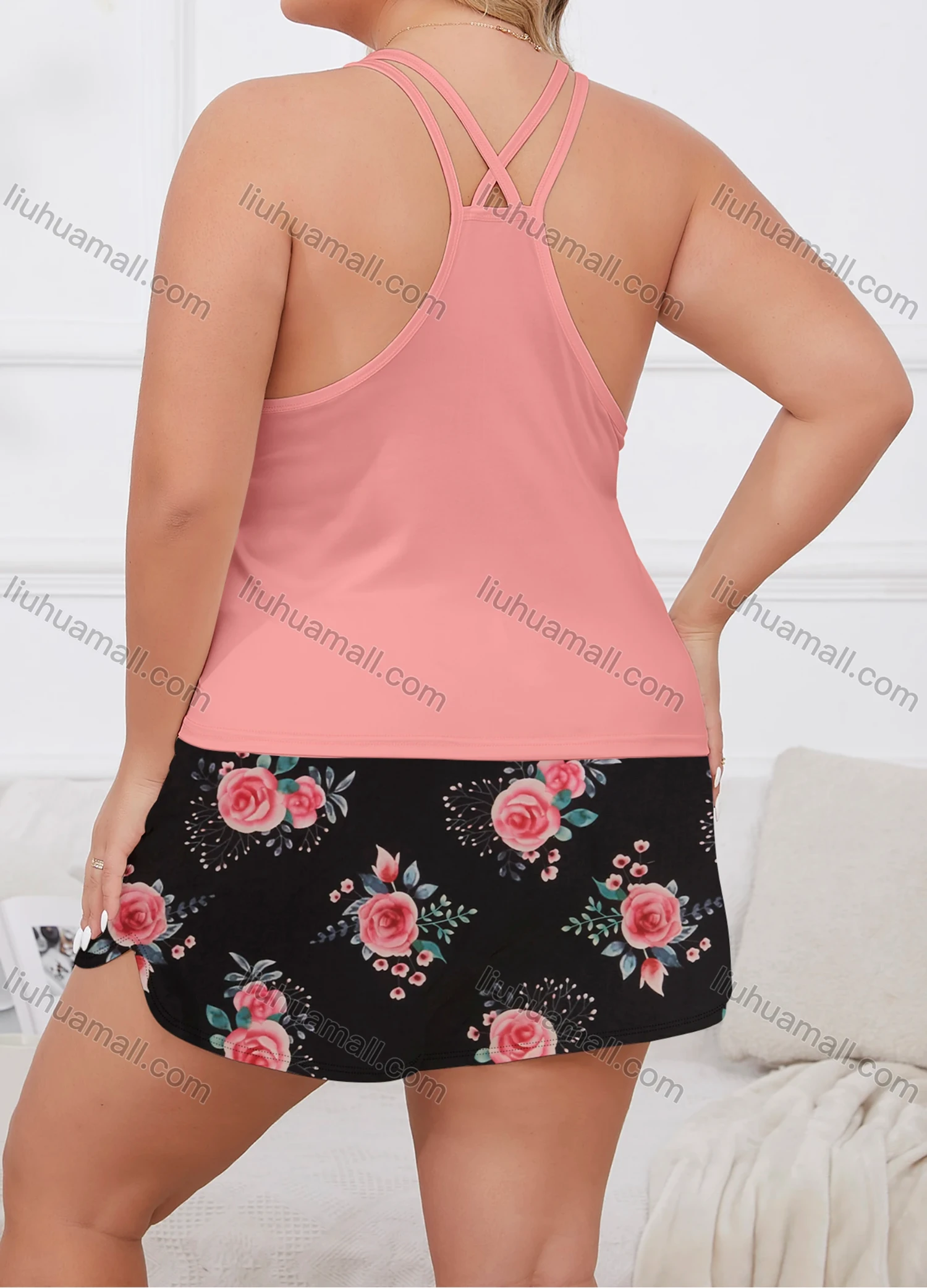 Wholesale Women's Lounge Milk Silk Plain Double Spaghetti Straps Tops & Floral Print Shorts Pajamas Sets DM2207-02# - Liuhuamall