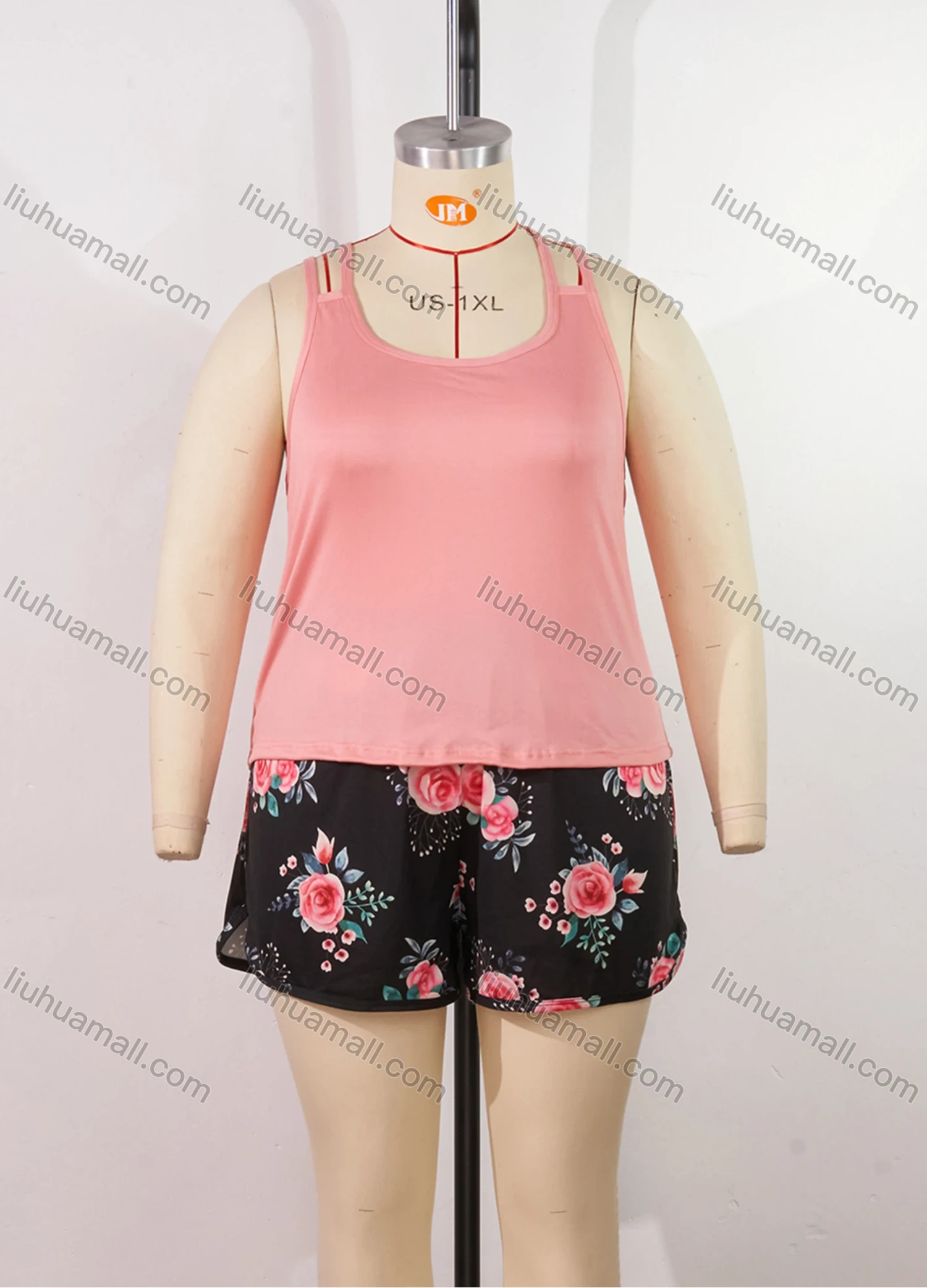 Wholesale Women's Lounge Milk Silk Plain Double Spaghetti Straps Tops & Floral Print Shorts Pajamas Sets DM2207-02# - Liuhuamall