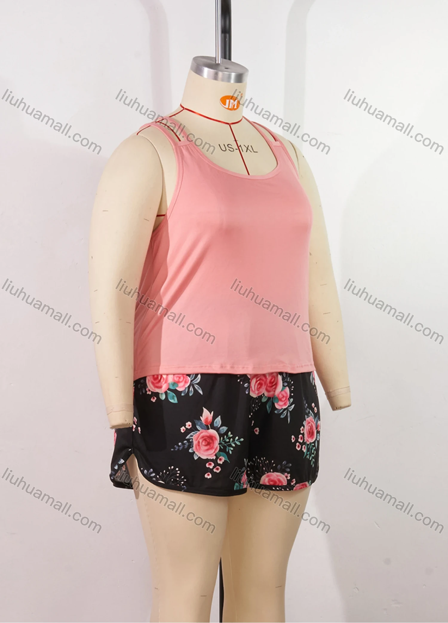 Wholesale Women's Lounge Milk Silk Plain Double Spaghetti Straps Tops & Floral Print Shorts Pajamas Sets DM2207-02# - Liuhuamall