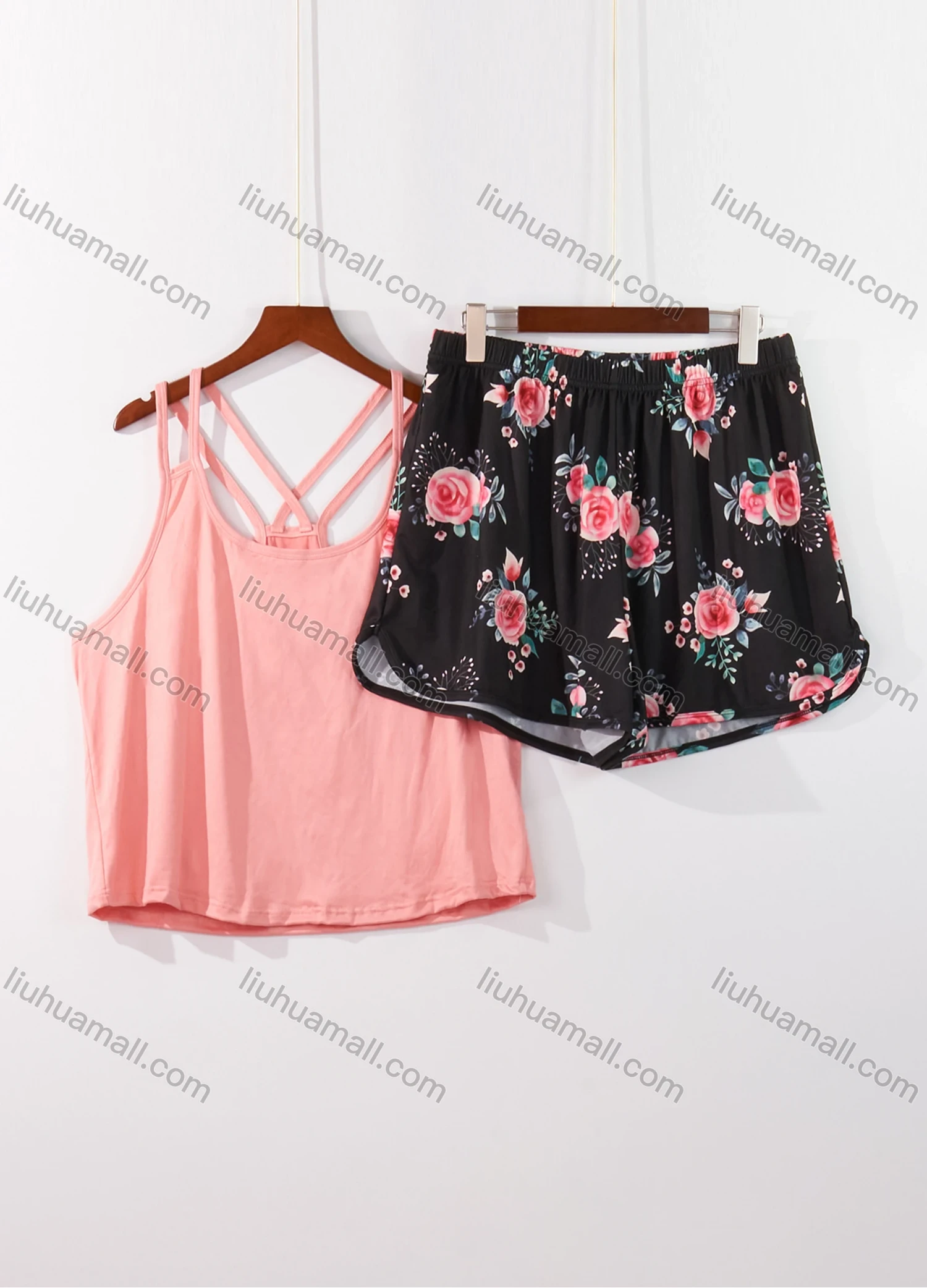 Wholesale Women's Lounge Milk Silk Plain Double Spaghetti Straps Tops & Floral Print Shorts Pajamas Sets DM2207-02# - Liuhuamall