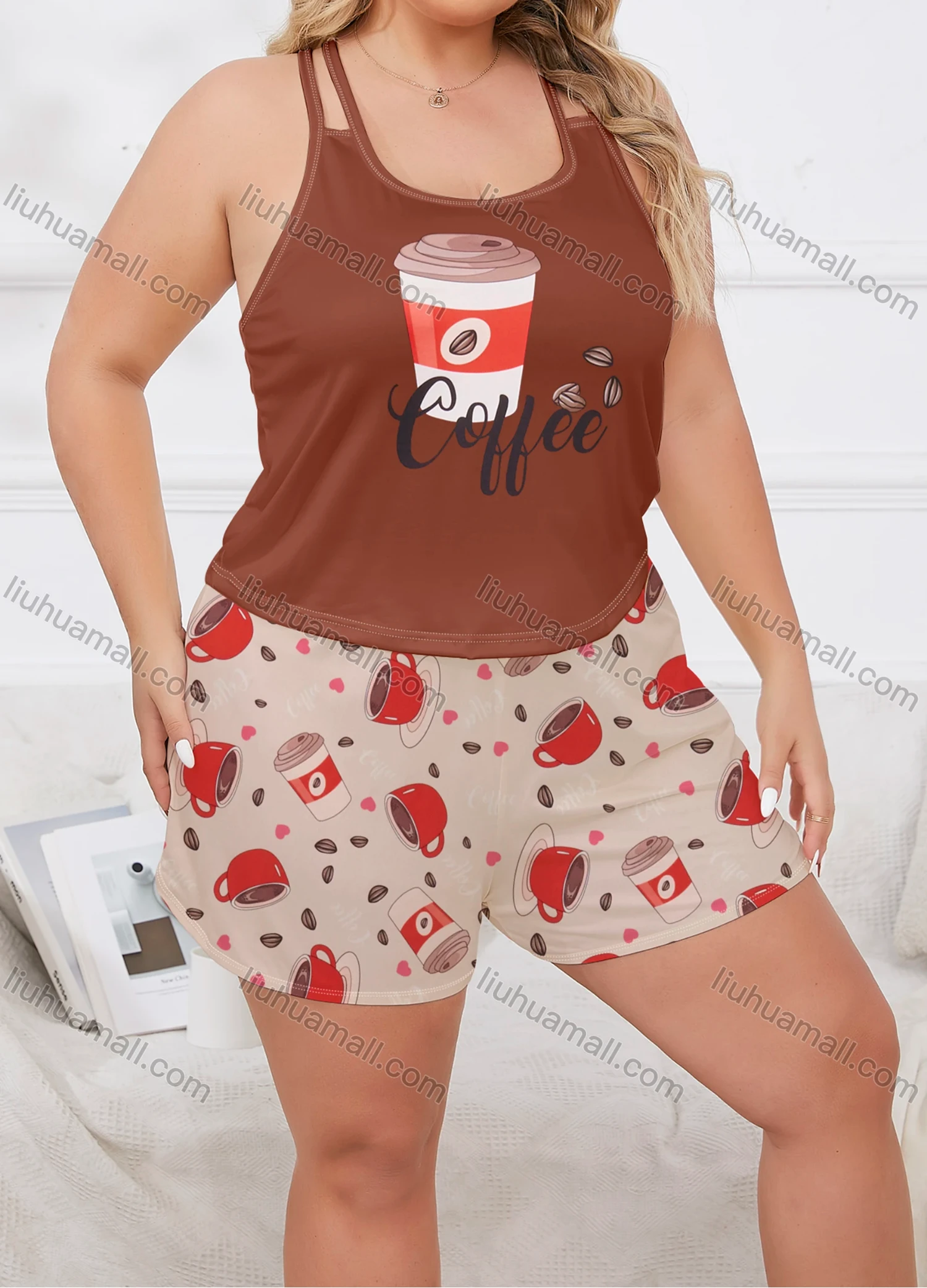 Wholesale Women's Lounge Milk Silk Graphic Letter Double Spaghetti Straps Tops & Allover Print Shorts Pajamas Sets DM2207-05# - Liuhuamall