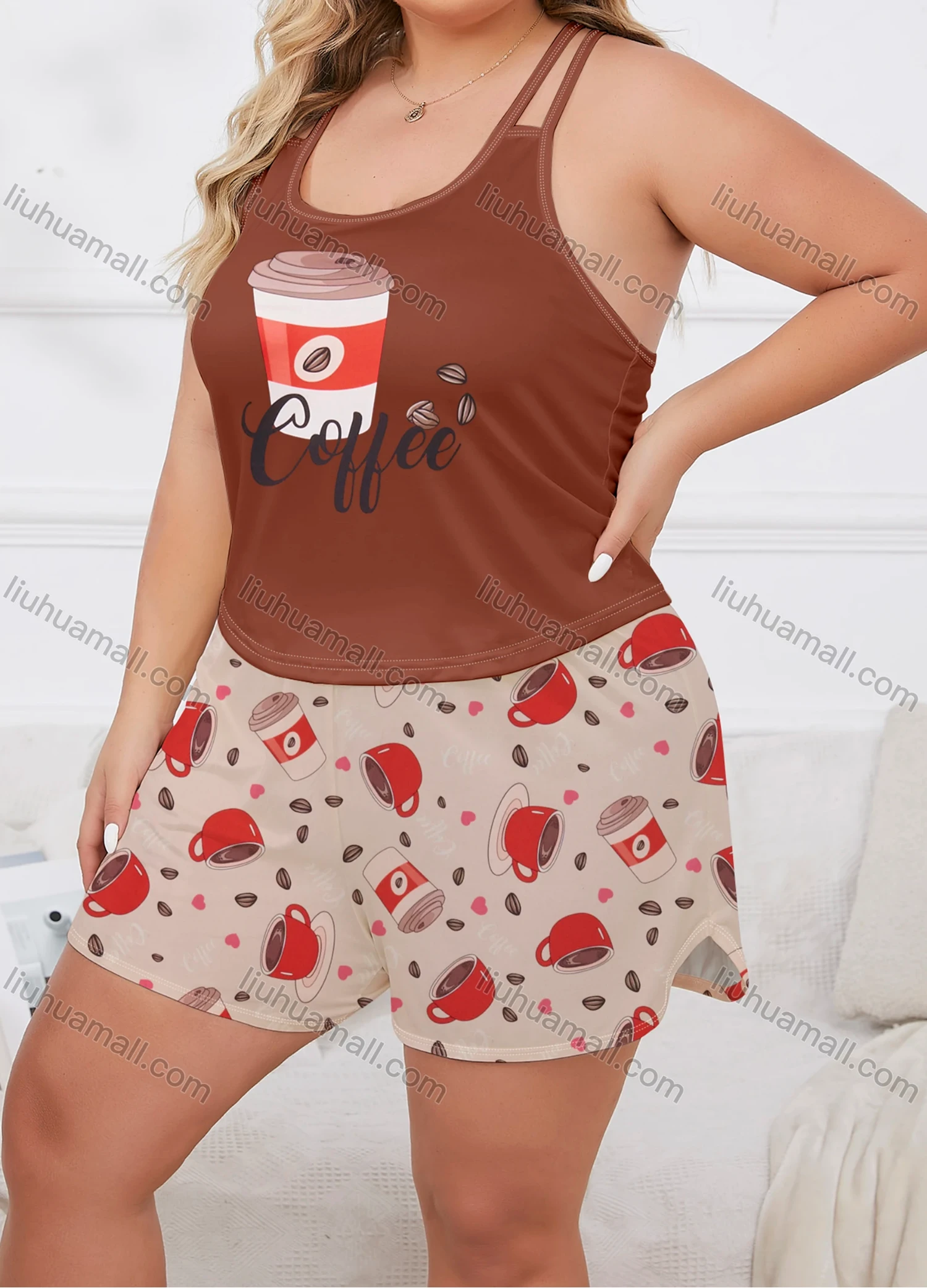 Wholesale Women's Lounge Milk Silk Graphic Letter Double Spaghetti Straps Tops & Allover Print Shorts Pajamas Sets DM2207-05# - Liuhuamall