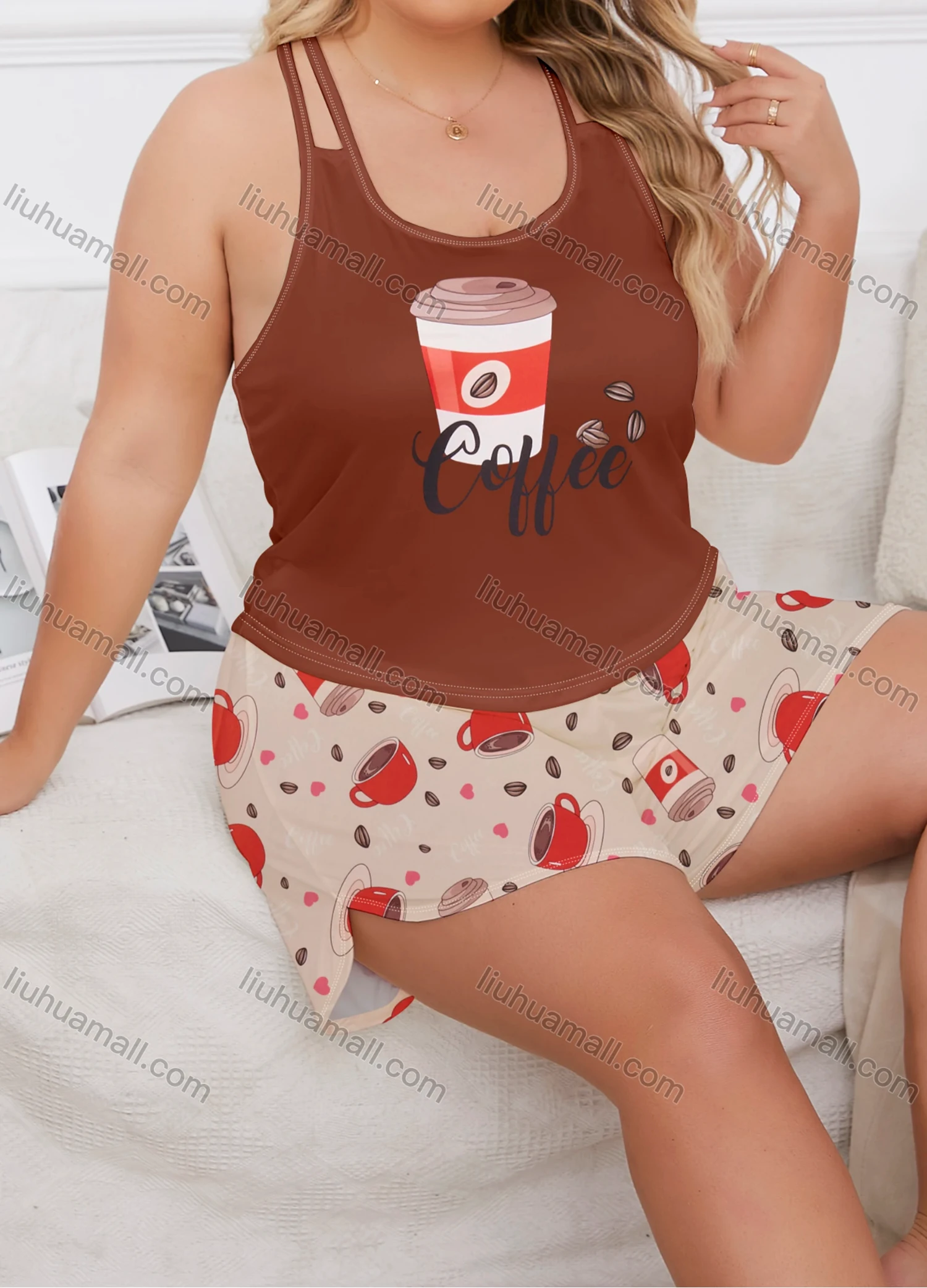 Wholesale Women's Lounge Milk Silk Graphic Letter Double Spaghetti Straps Tops & Allover Print Shorts Pajamas Sets DM2207-05# - Liuhuamall