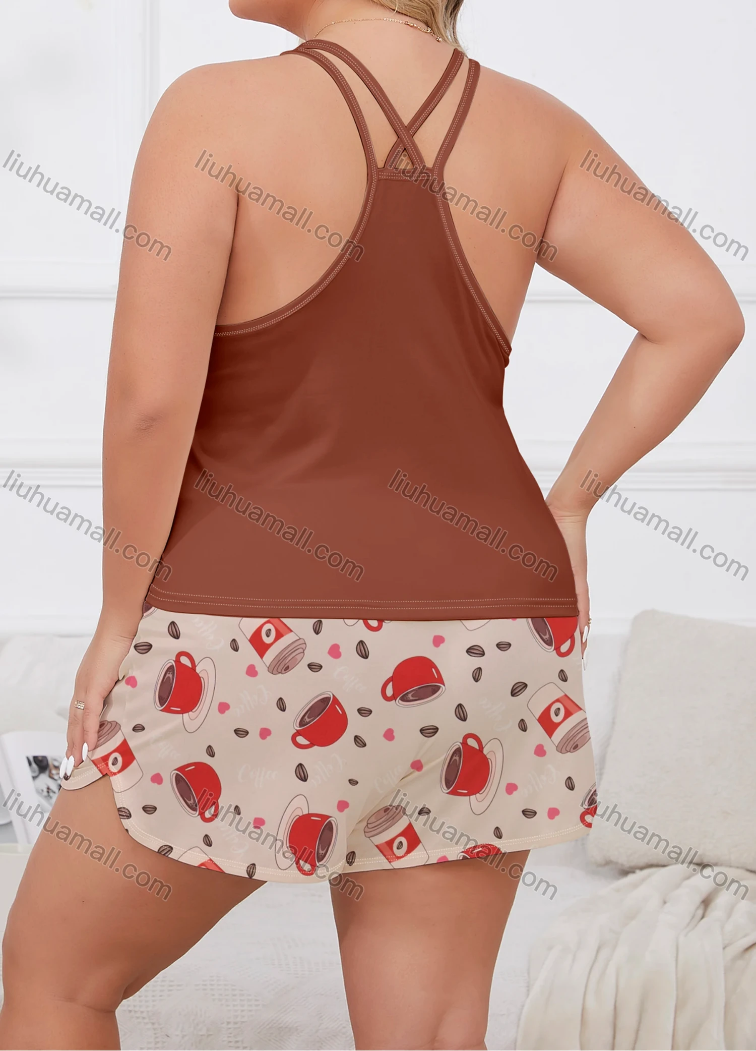 Wholesale Women's Lounge Milk Silk Graphic Letter Double Spaghetti Straps Tops & Allover Print Shorts Pajamas Sets DM2207-05# - Liuhuamall