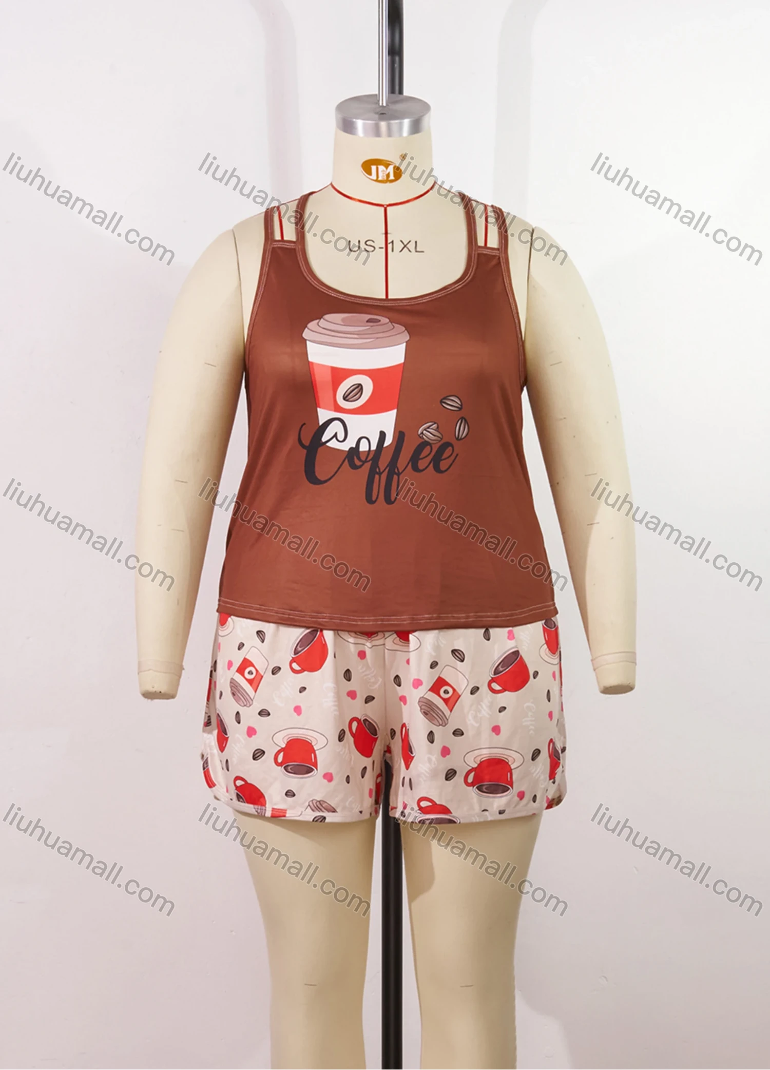 Wholesale Women's Lounge Milk Silk Graphic Letter Double Spaghetti Straps Tops & Allover Print Shorts Pajamas Sets DM2207-05# - Liuhuamall