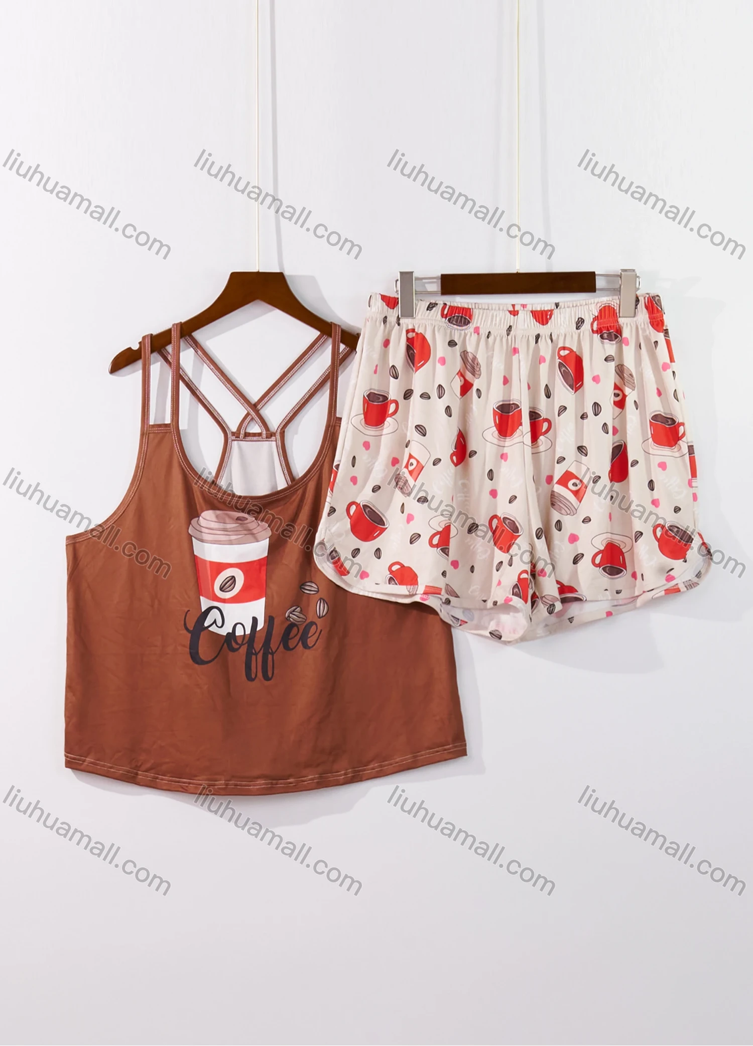 Wholesale Women's Lounge Milk Silk Graphic Letter Double Spaghetti Straps Tops & Allover Print Shorts Pajamas Sets DM2207-05# - Liuhuamall