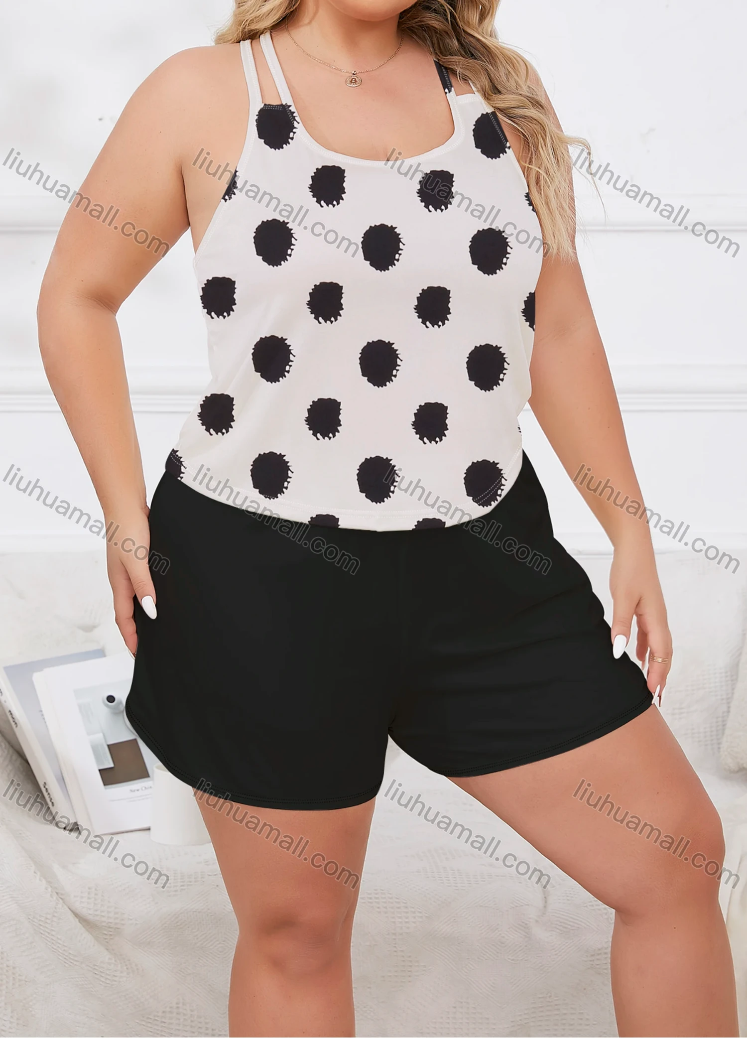 Wholesale Women's Lounge Milk Silk Polka Dot Double Spaghetti Straps Cami Tops & Plain Shorts Pajamas Sets DM2207-06# - Liuhuamall