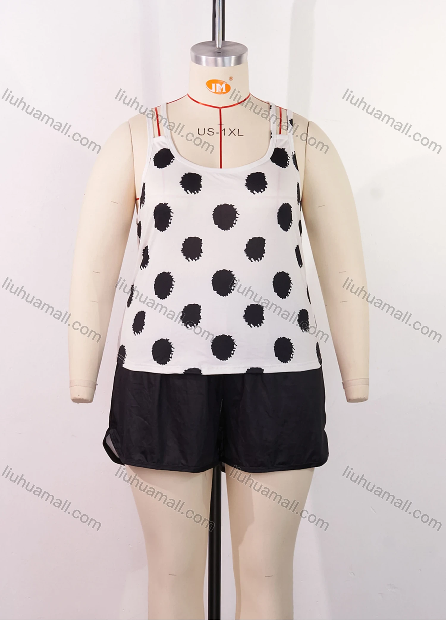 Wholesale Women's Lounge Milk Silk Polka Dot Double Spaghetti Straps Cami Tops & Plain Shorts Pajamas Sets DM2207-06# - Liuhuamall