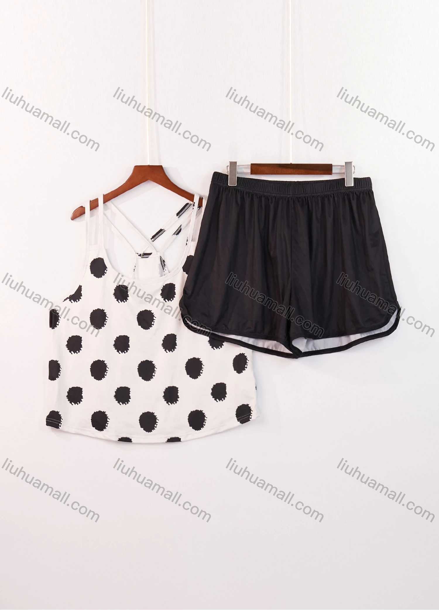 Wholesale Women's Lounge Milk Silk Polka Dot Double Spaghetti Straps Cami Tops & Plain Shorts Pajamas Sets DM2207-06# - Liuhuamall