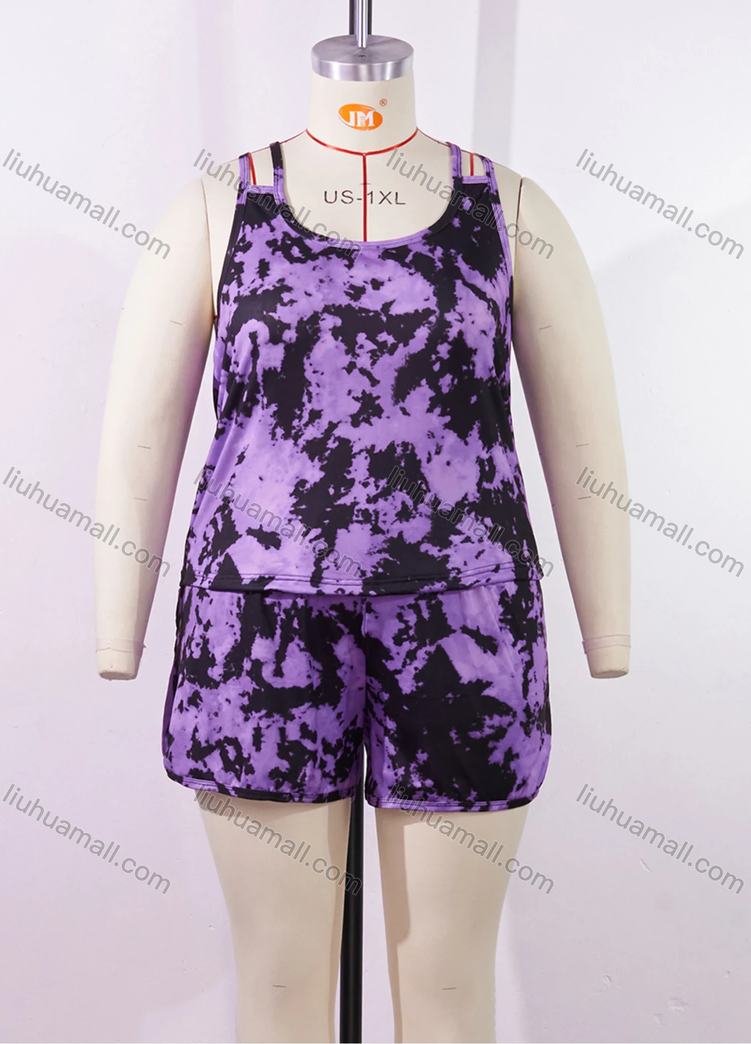 Wholesale Women's Lounge Milk Silk Tie Dye Double Spaghetti Straps Cami Tops & Shorts Pajamas Sets DM2206# - Liuhuamall