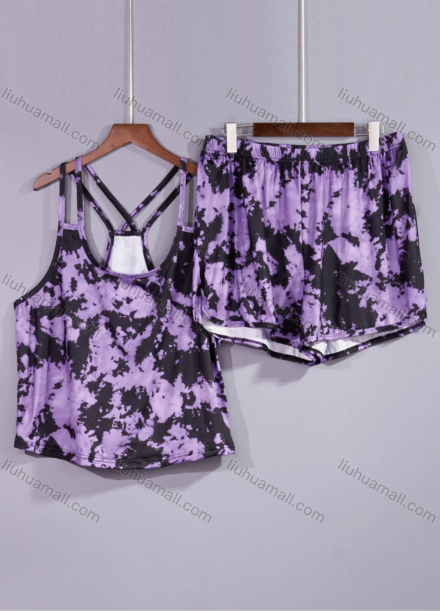 Wholesale Women's Lounge Milk Silk Tie Dye Double Spaghetti Straps Cami Tops & Shorts Pajamas Sets DM2206# - Liuhuamall
