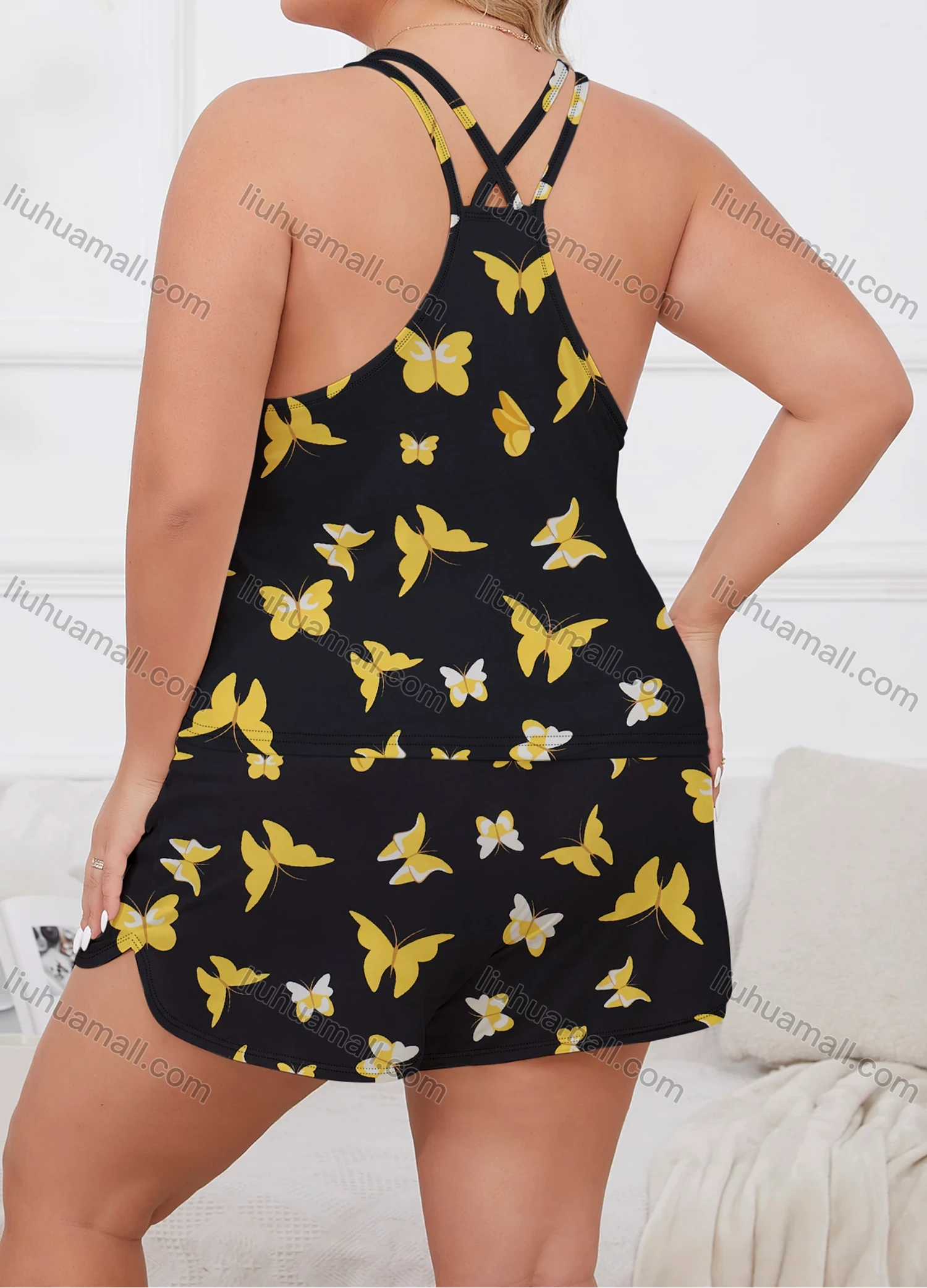 Wholesale Women's Lounge Milk Silk Butterfly Print Double Spaghetti Straps Cami Tops & Shorts Pajamas Sets DM2206-01# - Liuhuamall