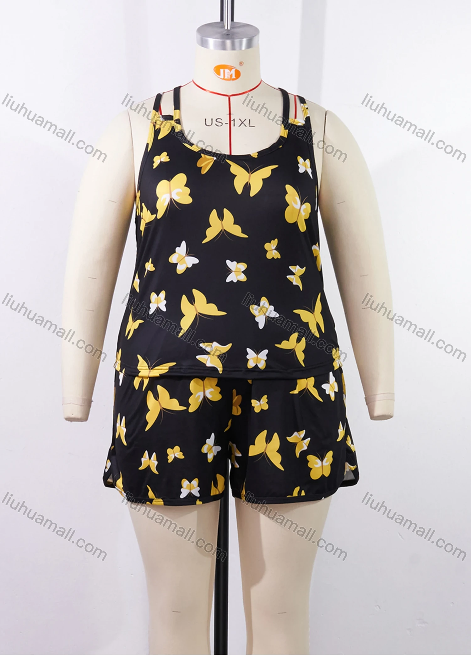 Wholesale Women's Lounge Milk Silk Butterfly Print Double Spaghetti Straps Cami Tops & Shorts Pajamas Sets DM2206-01# - Liuhuamall