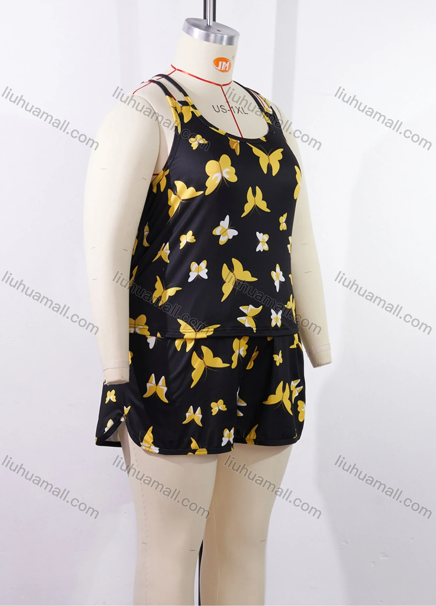 Wholesale Women's Lounge Milk Silk Butterfly Print Double Spaghetti Straps Cami Tops & Shorts Pajamas Sets DM2206-01# - Liuhuamall