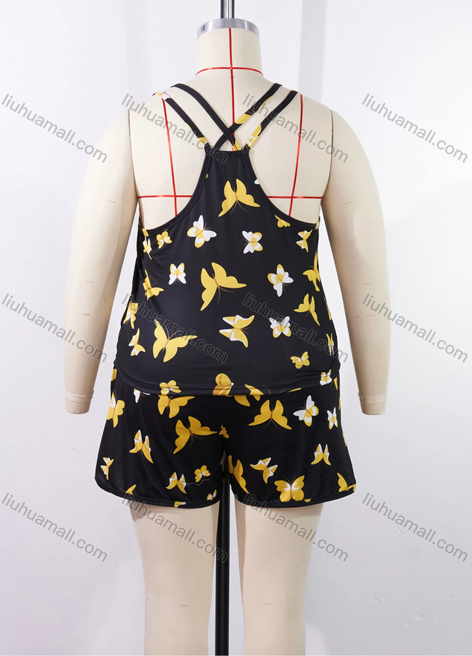 Wholesale Women's Lounge Milk Silk Butterfly Print Double Spaghetti Straps Cami Tops & Shorts Pajamas Sets DM2206-01# - Liuhuamall