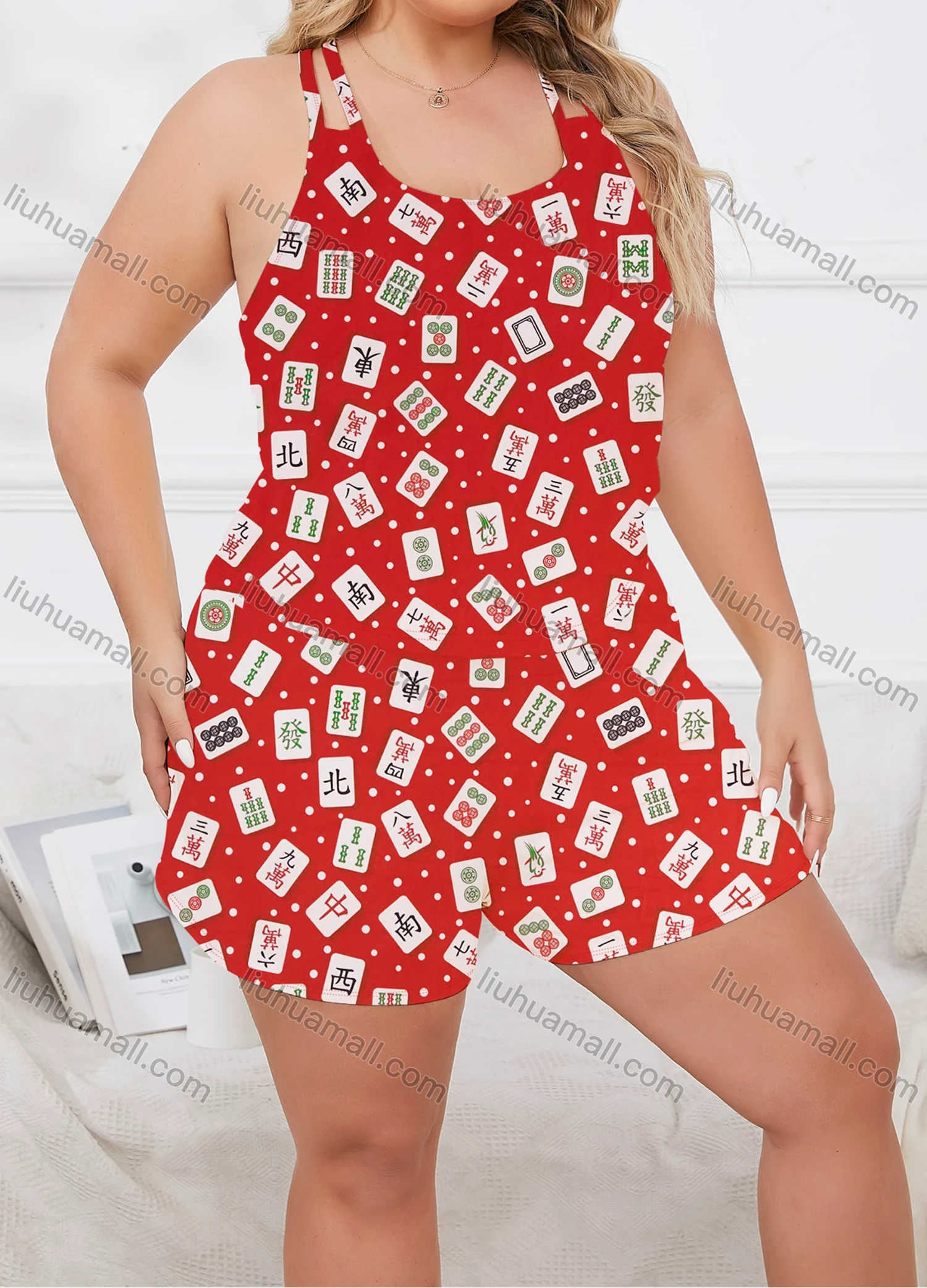 Wholesale Women's Lounge Milk Silk Allover Print Pin Dot Double Spaghetti Straps Cami Tops & Shorts Pajamas Sets DM2206-04# - Liuhuamall