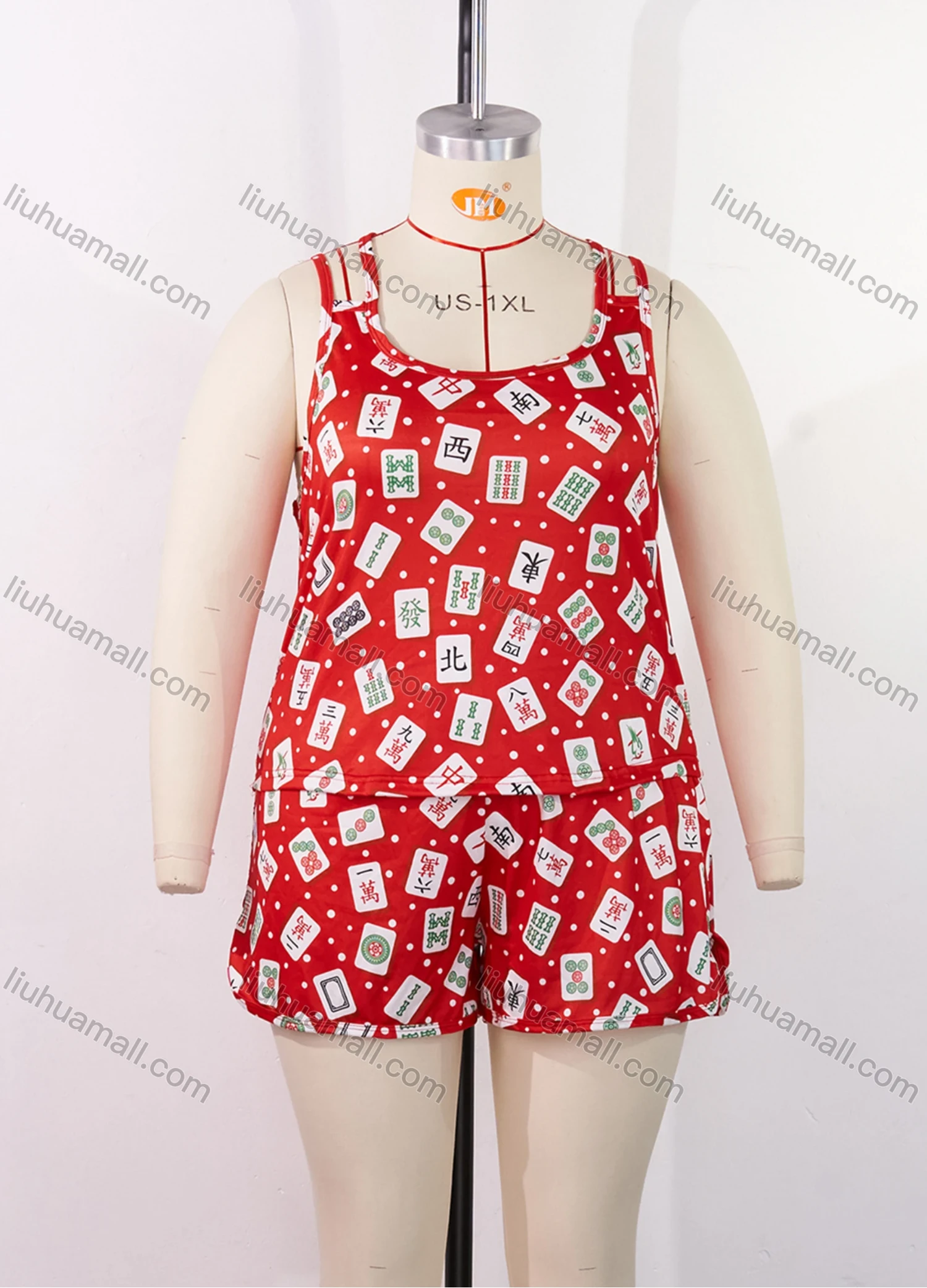 Wholesale Women's Lounge Milk Silk Allover Print Pin Dot Double Spaghetti Straps Cami Tops & Shorts Pajamas Sets DM2206-04# - Liuhuamall