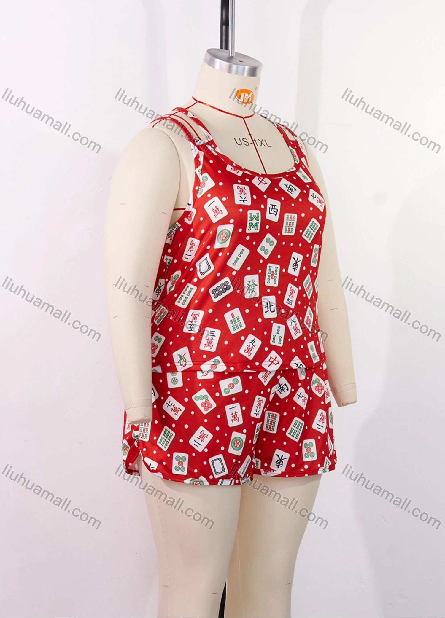 Wholesale Women's Lounge Milk Silk Allover Print Pin Dot Double Spaghetti Straps Cami Tops & Shorts Pajamas Sets DM2206-04# - Liuhuamall