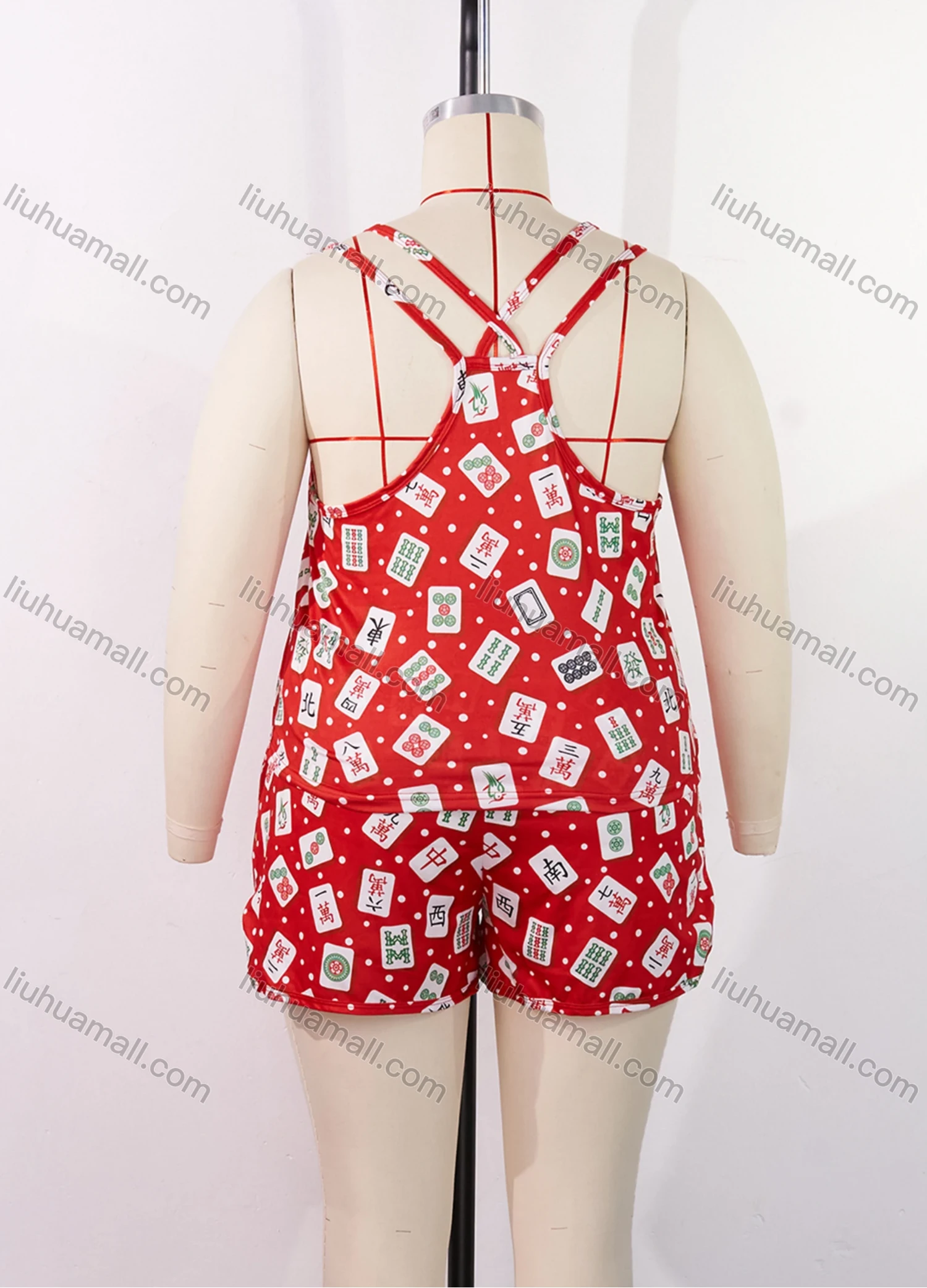 Wholesale Women's Lounge Milk Silk Allover Print Pin Dot Double Spaghetti Straps Cami Tops & Shorts Pajamas Sets DM2206-04# - Liuhuamall