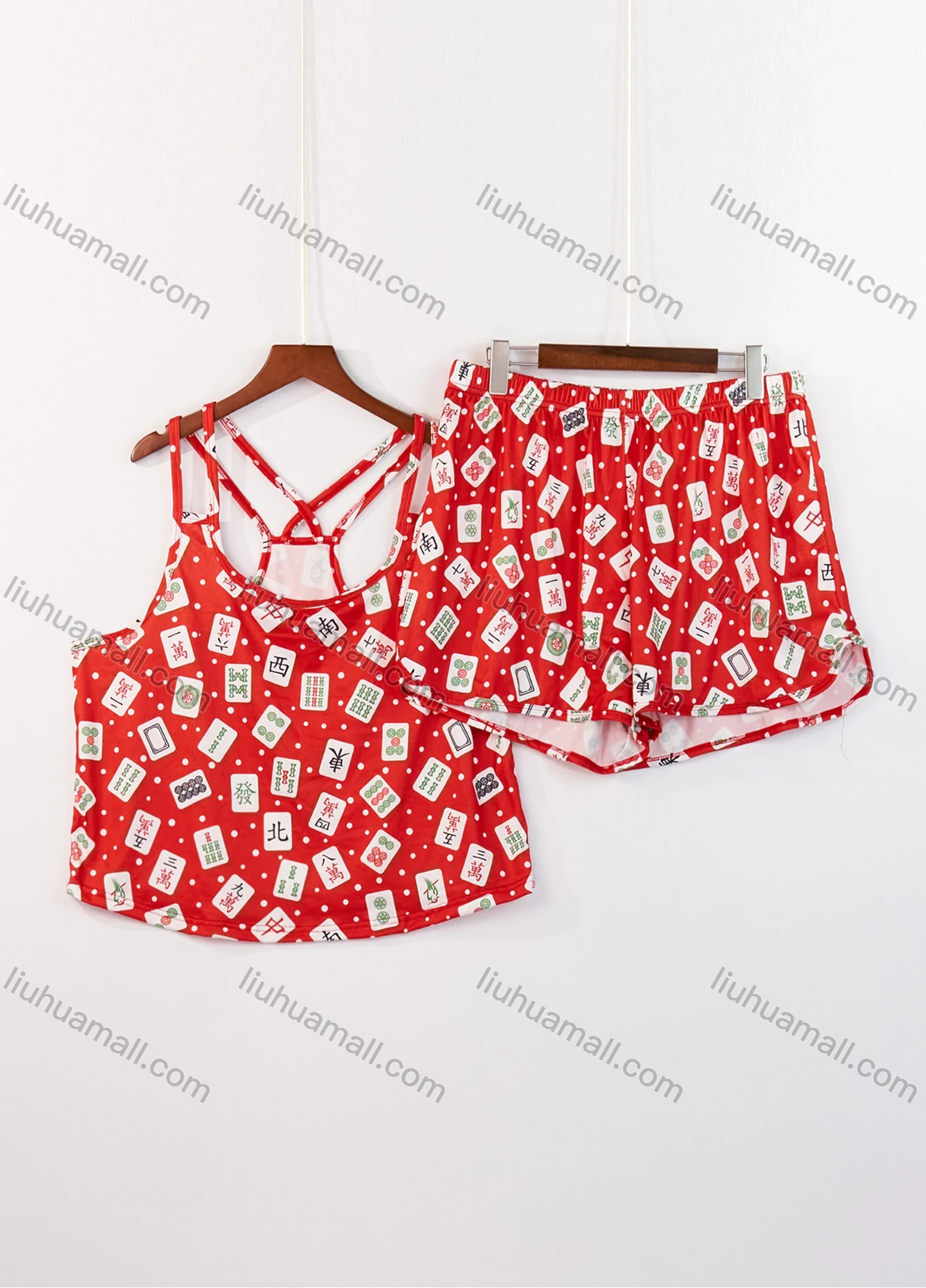 Wholesale Women's Lounge Milk Silk Allover Print Pin Dot Double Spaghetti Straps Cami Tops & Shorts Pajamas Sets DM2206-04# - Liuhuamall
