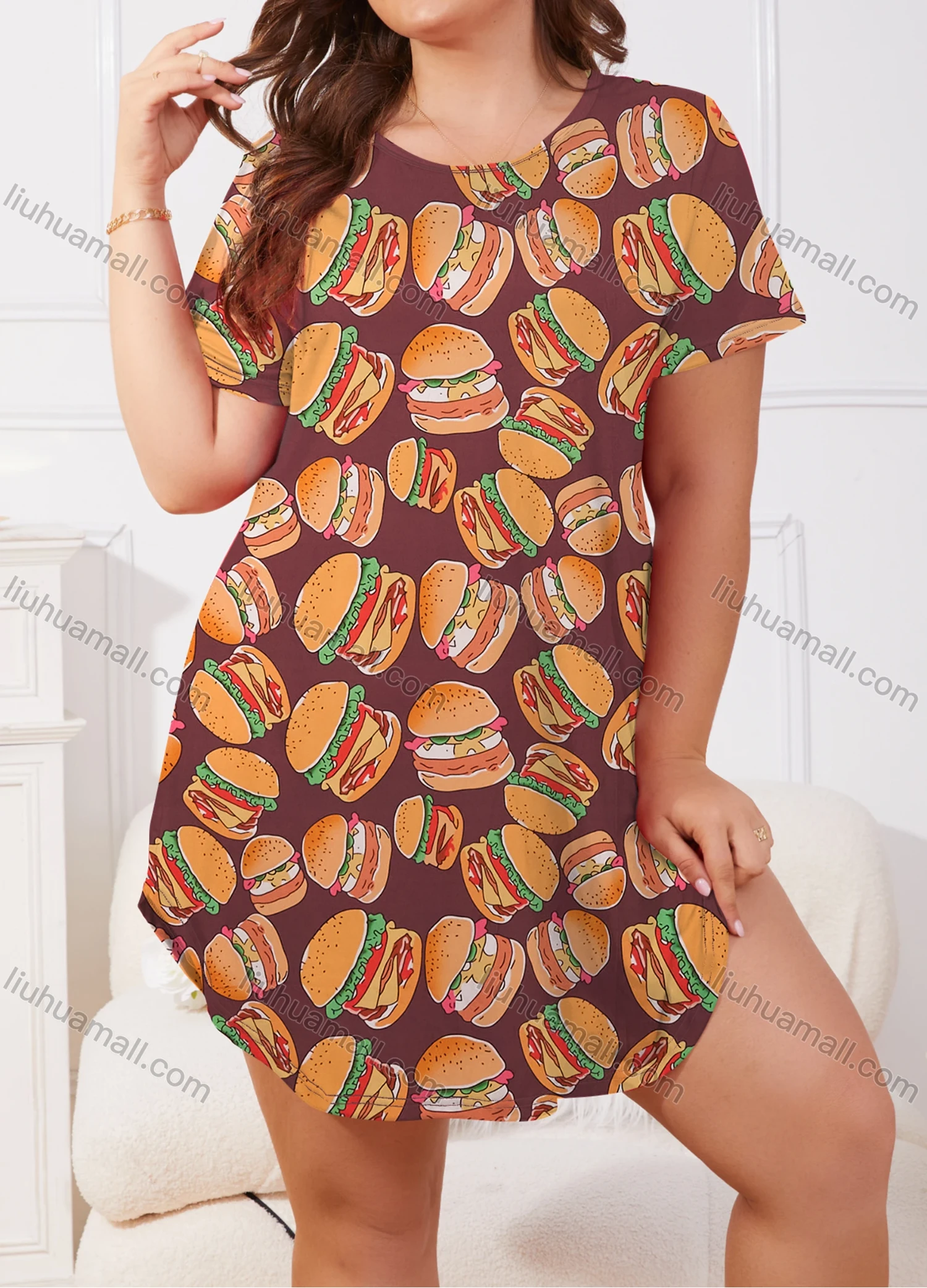 Wholesale Women's Milk Silk Allover Hamburger Print Short Sleeve Crew Neck Curved Hem Lounge Short Nightdress DM1302-04# - Liuhuamall