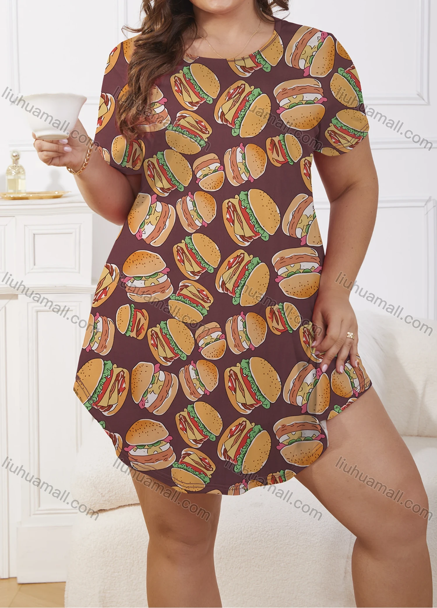 Wholesale Women's Milk Silk Allover Hamburger Print Short Sleeve Crew Neck Curved Hem Lounge Short Nightdress DM1302-04# - Liuhuamall